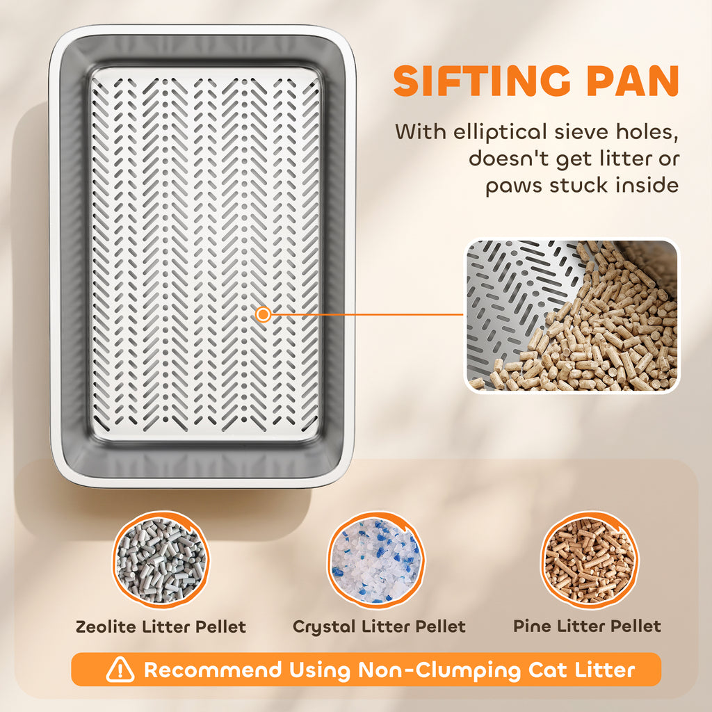 Stainless Steel Litter Box, XL Sifting Cat Litter Box for Medium, Large Cat, Non-Sticky, Odour Free, Easy Clean, Silver