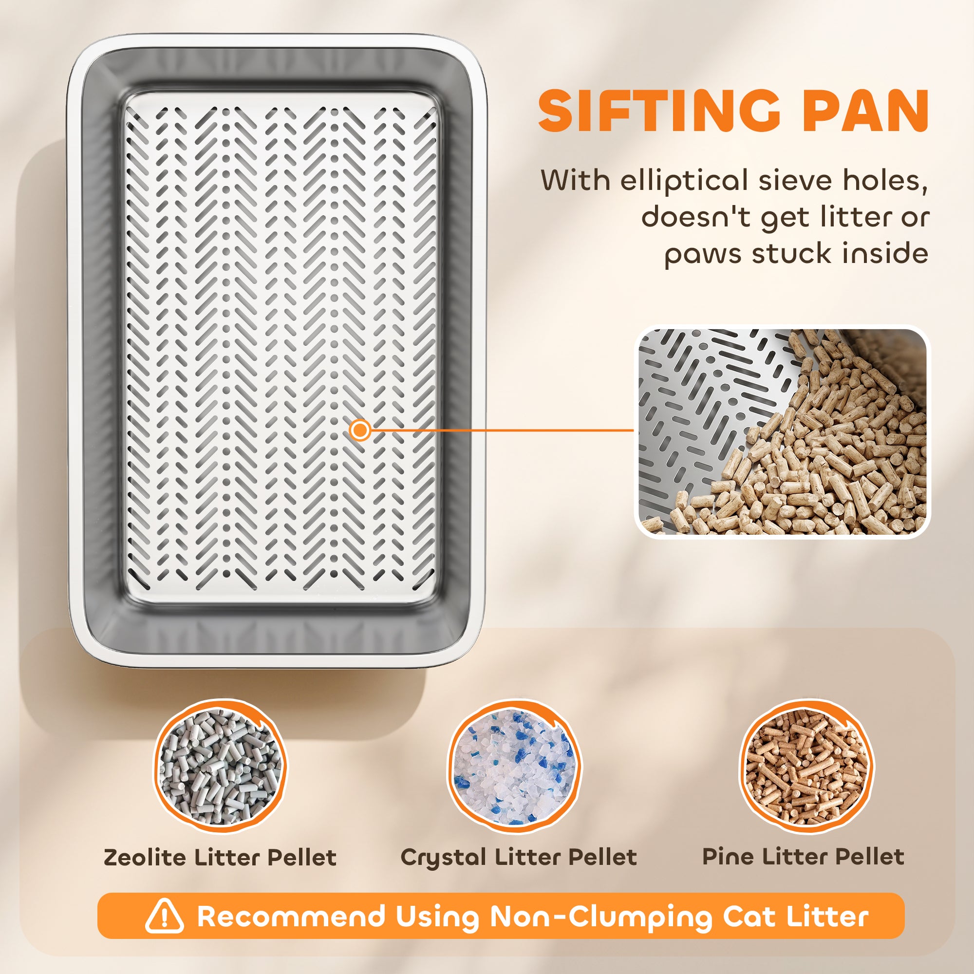 Stainless Steel Litter Box, XL Sifting Cat Litter Box for Medium, Large Cat, Non-Sticky, Odour Free, Easy Clean, Silver
