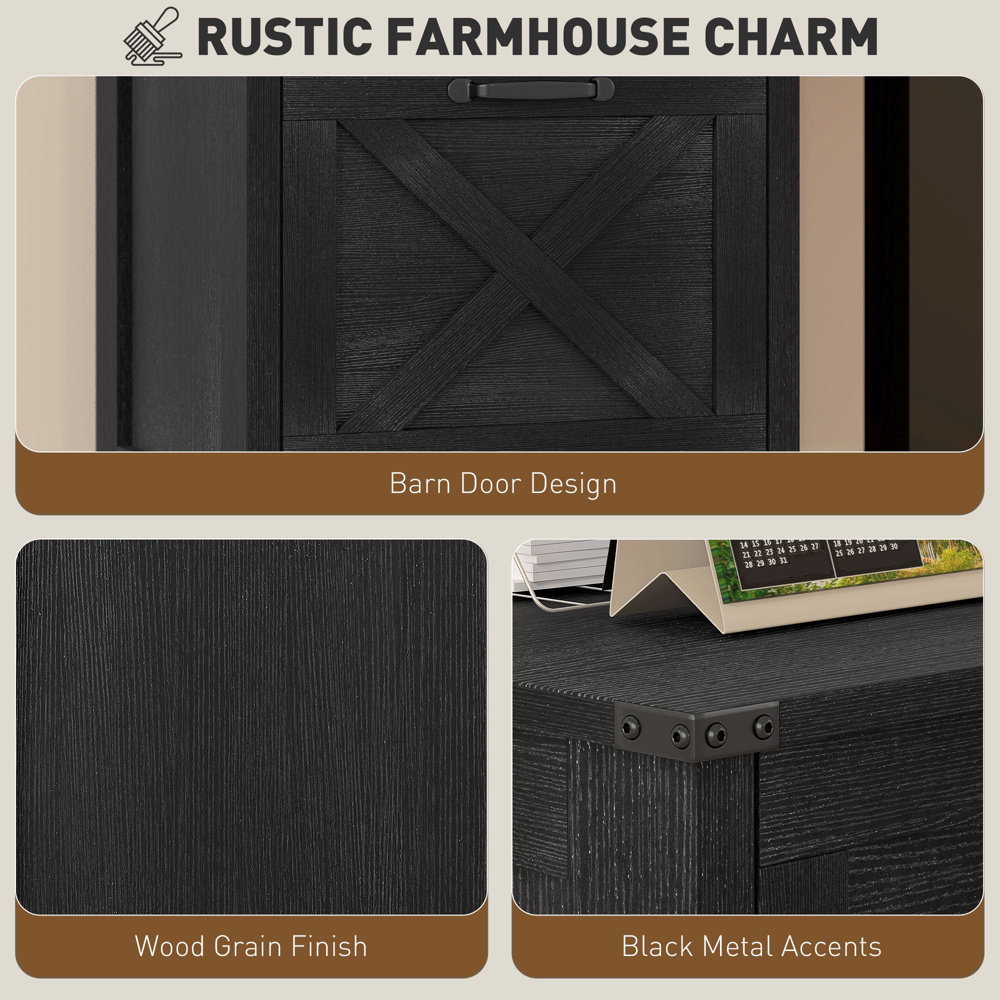 Vertical File Cabinet with 3 Drawers, Rustic Farmhouse Office Storage Cabinet for A4, Letter Size, Distressed Black