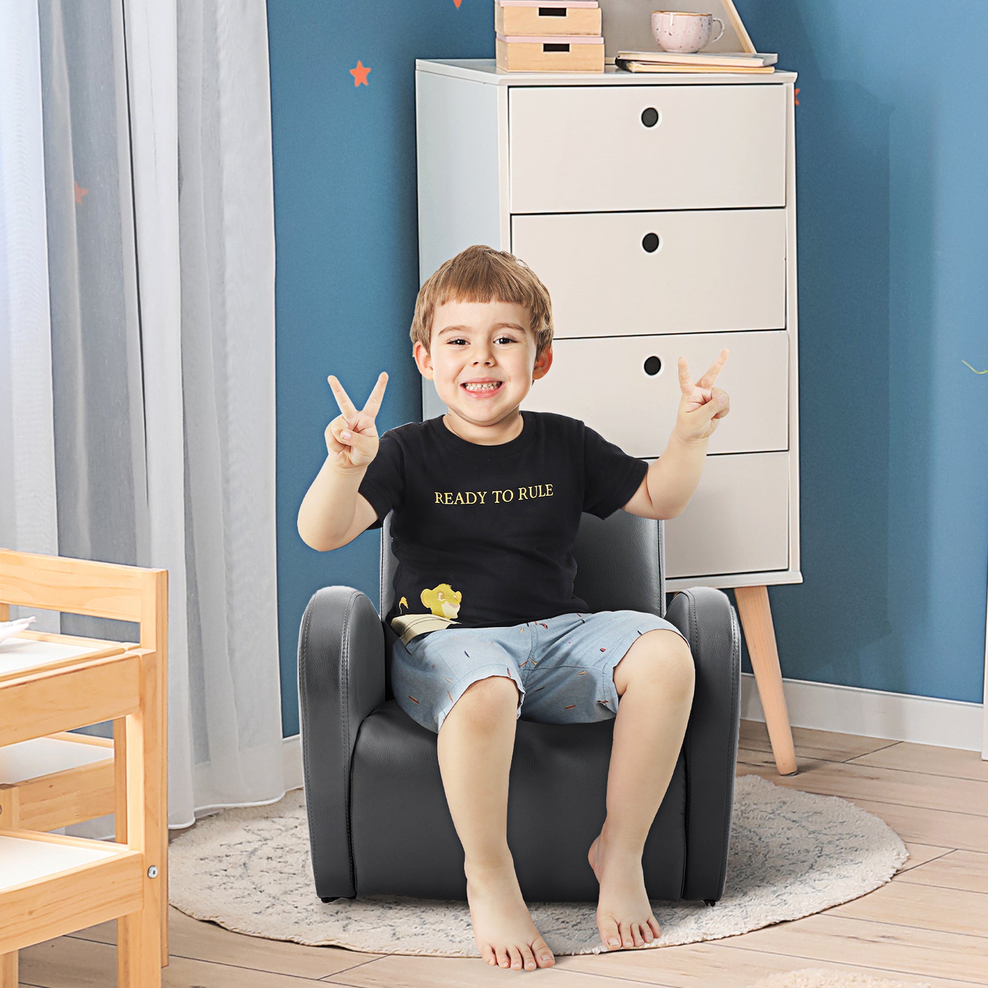 Kids Sofa Rocking Chair with Side Pocket, PU Leather Toddler Armchair for Children Grey