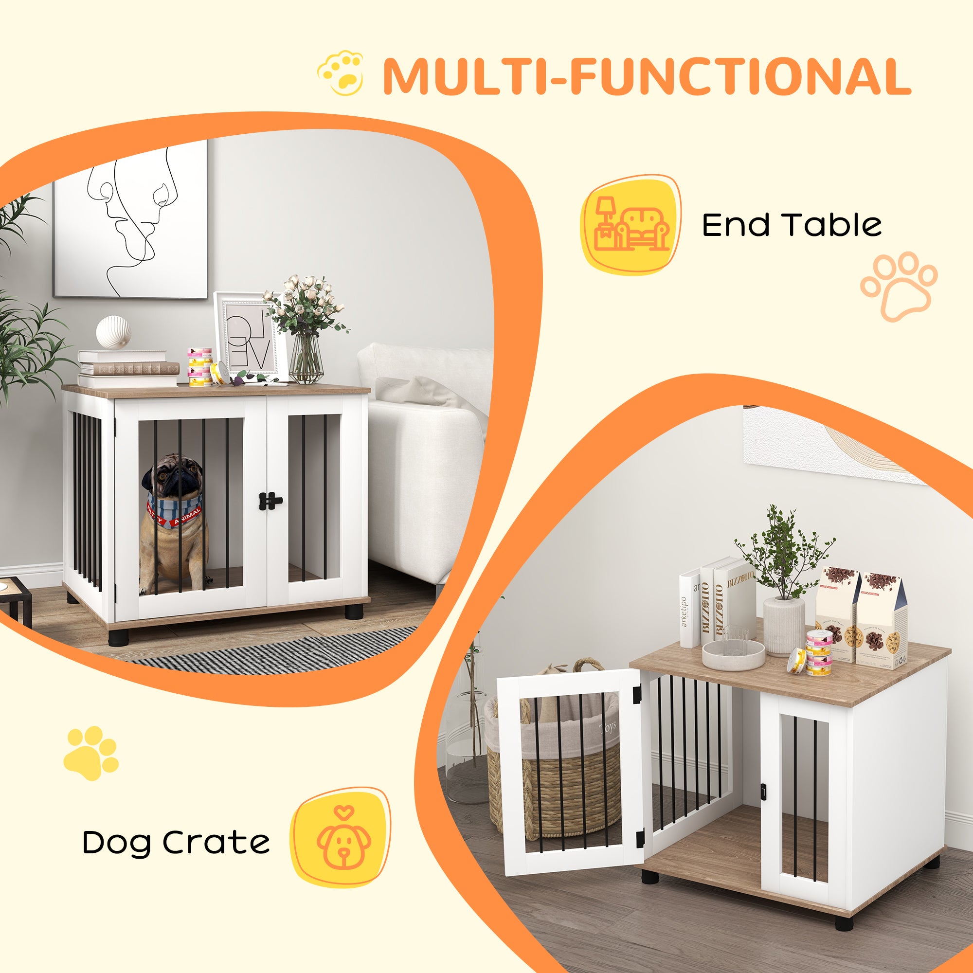Dog Kennel Furniture Side End Table Indoor with Lockable Door, for Small and Medium Dogs, Walnut Brown