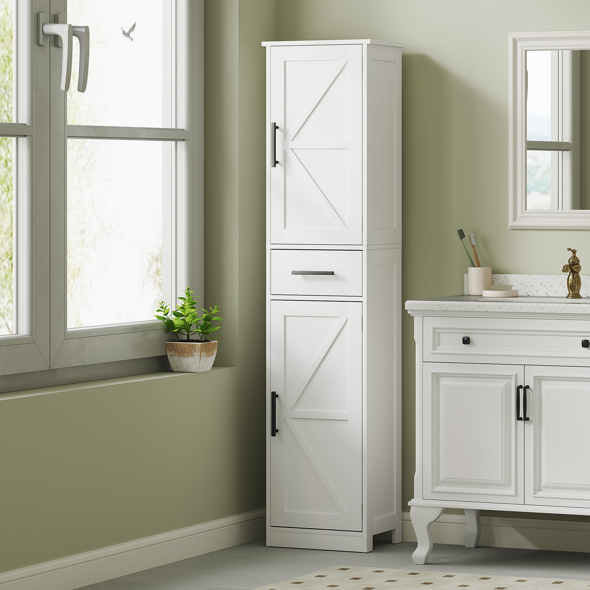 Farmhouse Linen Closet with Drawer, 67" Tall Bathroom Storage Cabinet with Barn Doors and Adjustable Shelves, White