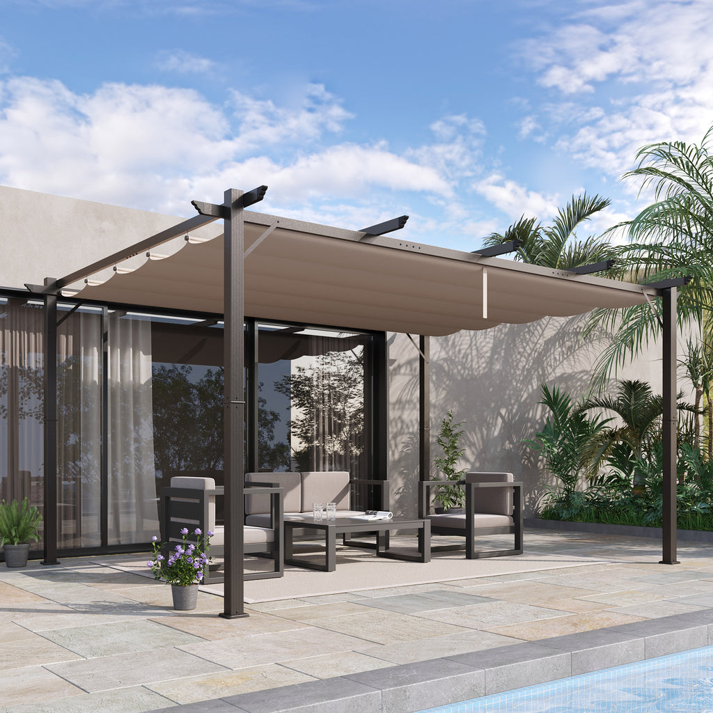 10' x 13' Aluminum Patio Pergola with Retractable Pergola Canopy, Backyard Shade Shelter for Porch, Outdoor Party, Garden, Grill Gazebo, Brown