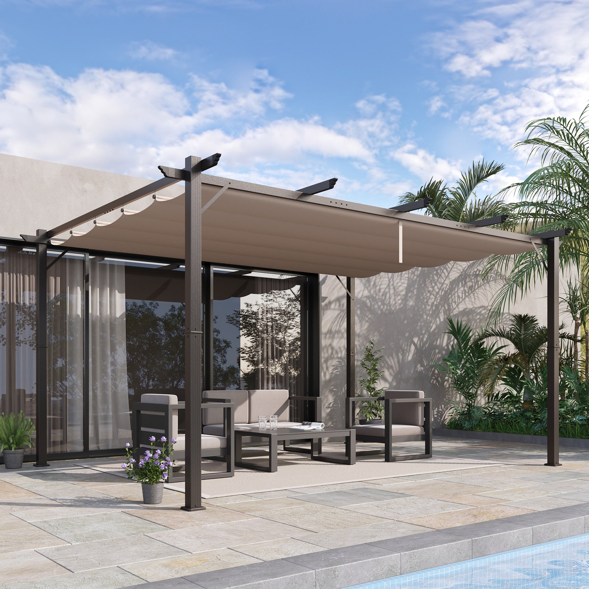 10' x 13' Aluminum Patio Pergola with Retractable Pergola Canopy, Backyard Shade Shelter for Porch, Outdoor Party, Garden, Grill Gazebo, Brown