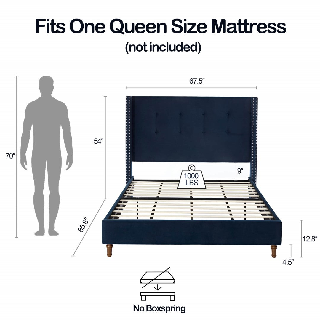 Upholstered Queen Bed Frame with Velvet 54" High Headboard, Traditional Hand Buttoned Tufting, Nailhead Trim Wingback, No Box Spring Needed, Blue