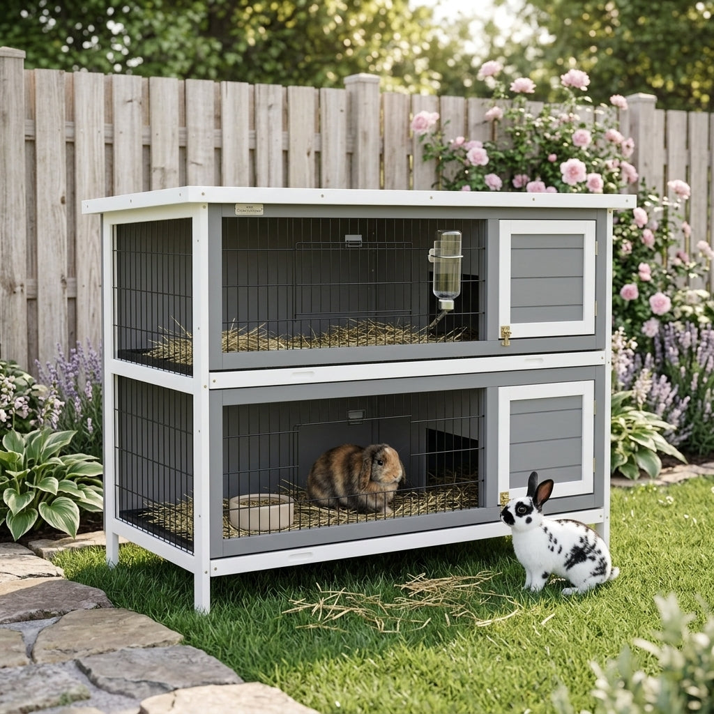 54" 2-Story Large Rabbit Hutch Bunny Cage Wooden Pet House Small Animal Habitat with Lockable Doors, No Leak Tray and waterproof Roof for Rabbits, Chickens, Ducks, Outdoor/Indoor Dark Gray