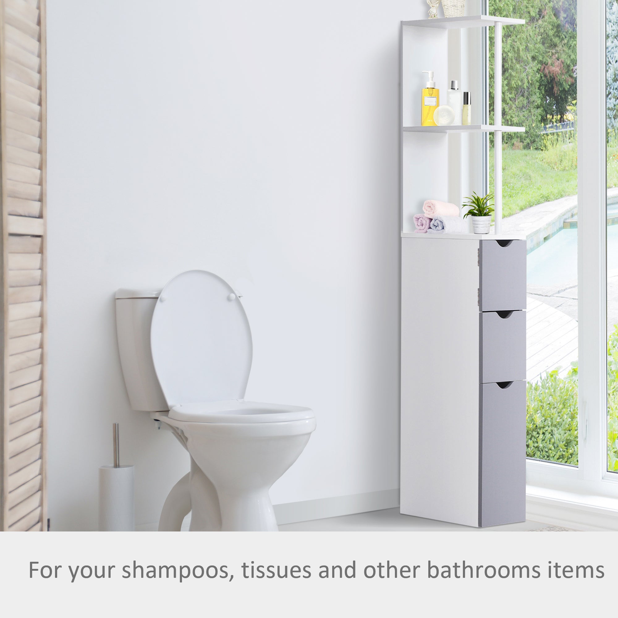 54" Tall Bathroom Storage Cabinet, Freestanding Linen Tower with 2-Tier Shelf and Drawers, Narrow Side Floor Organizer, White