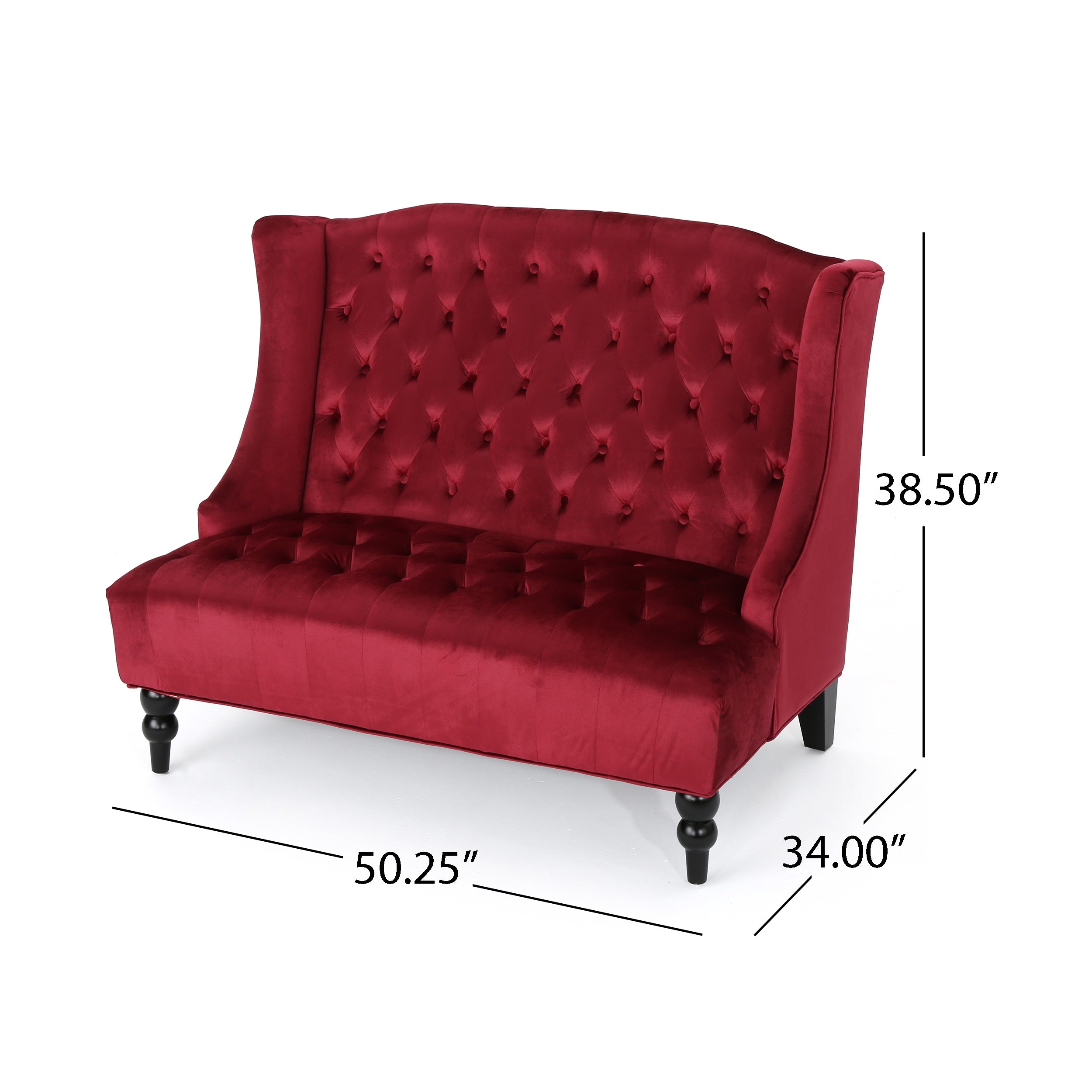 Modern Glam Loveseat Sofa with Velvet Upholstery, Wingback Design, Button-Tufted Diamond Stitch,50.50" W x 34.00" D x 38.50" H, Wine Red