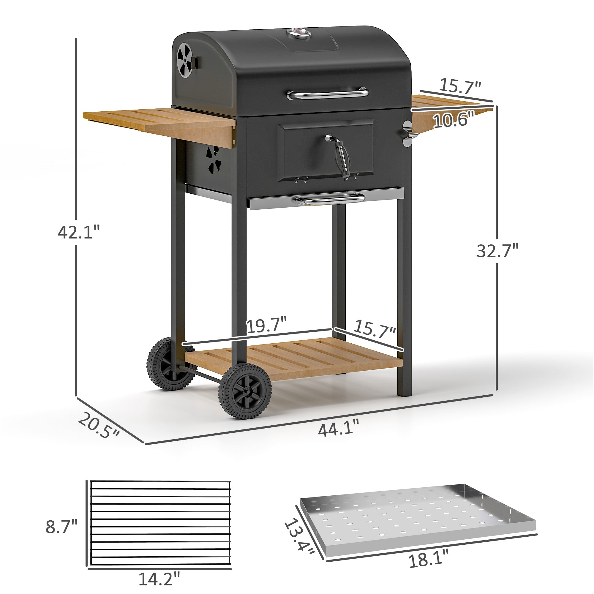 Charcoal BBQ Grill with 245 sq. in. Cooking Area, Adjustable Charcoal Pan, 3 Shelves, Thermometer, Black