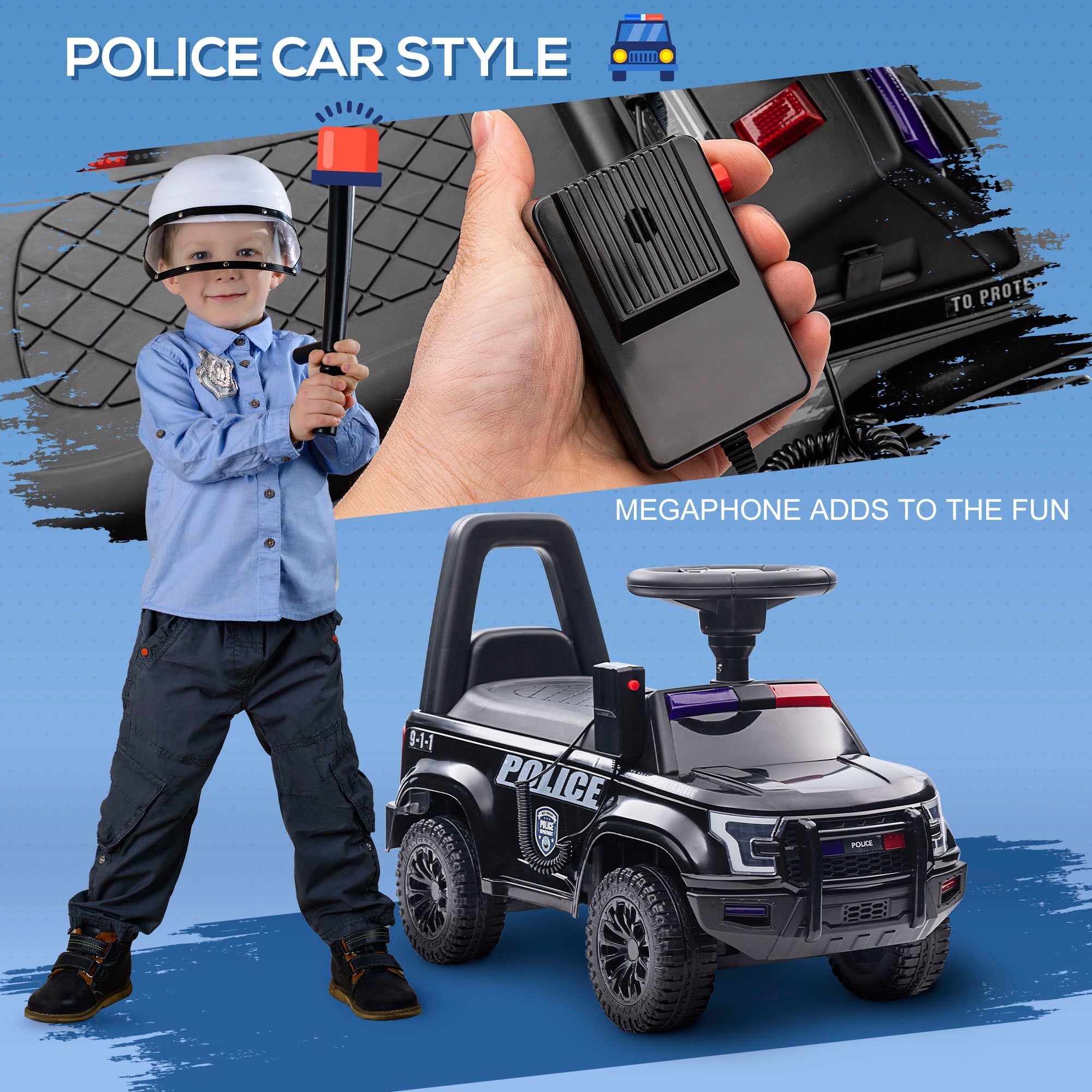 Kids Push Ride On Car with Working PA System and Horn, Police Truck Style Foot-to-Floor Sliding Car for Boys and Girls with Under-Seat Storage, for 18 Months to 5 Years Old, Black