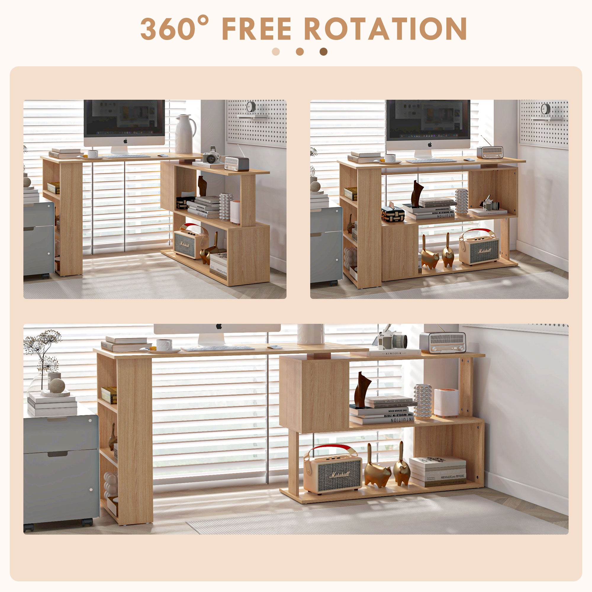 L Shaped Corner Desk, 360 Degree Rotating Home Office Desk with Storage Shelves, Writing Table Workstation, Maple