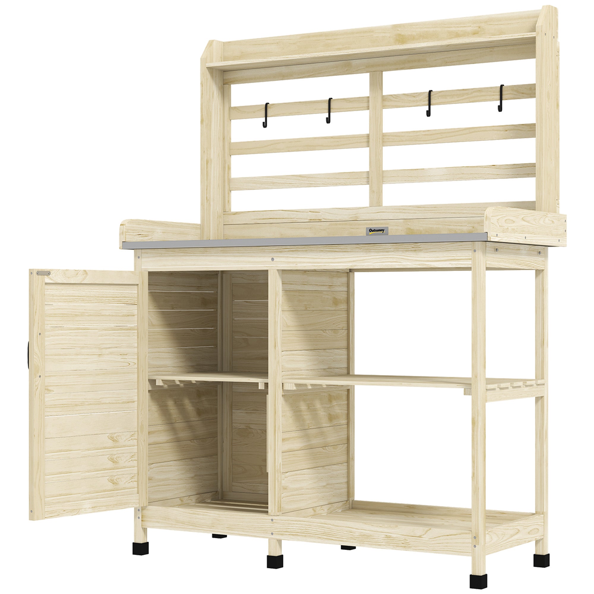 Wooden Potting Bench with Storage, Aluminum Tabletop for Backyard, Patio, Balcony, Natural
