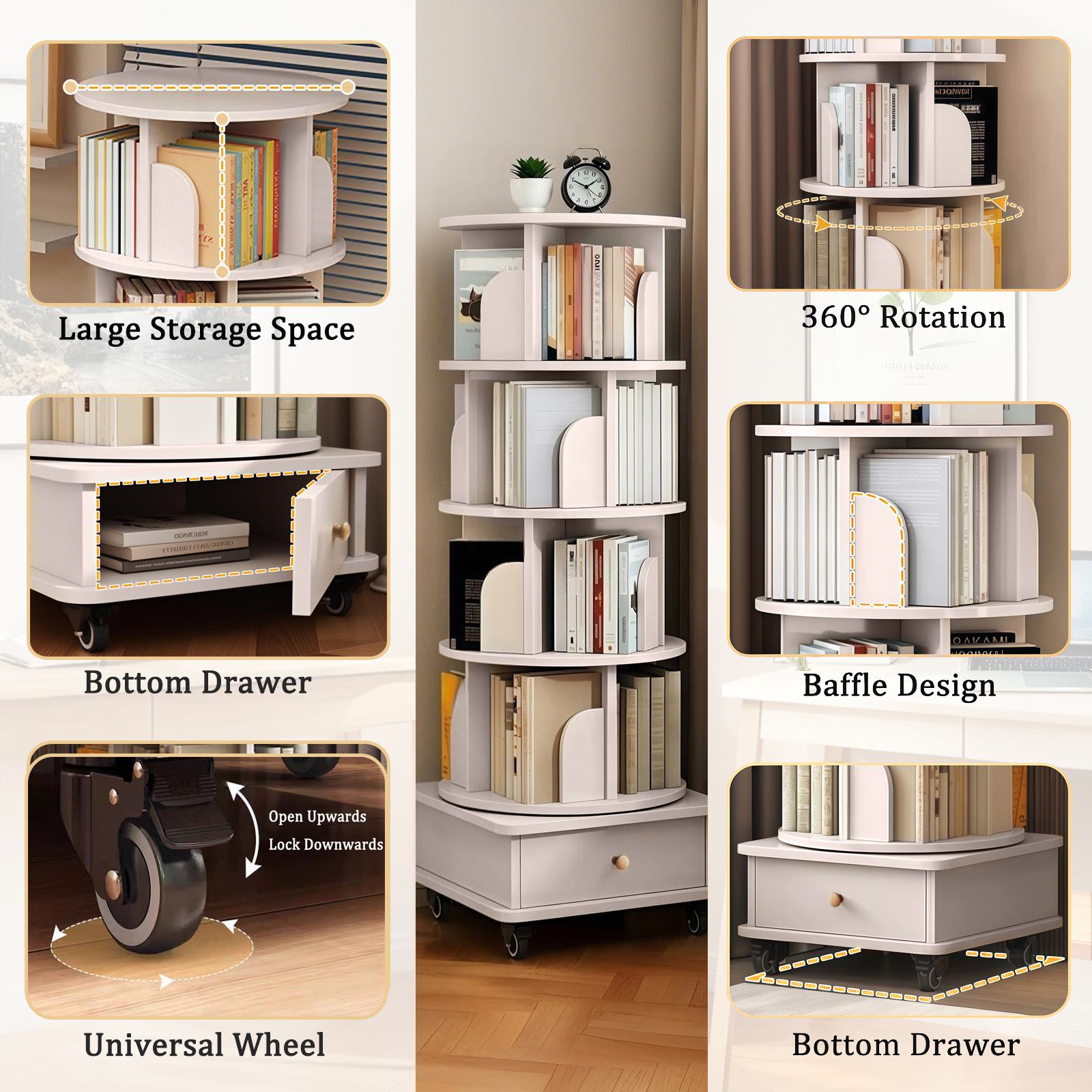 Rotating Bookshelf with 360-Degree Rotating Design, Wood Narrow Book Shelf Organizer for Bedroom, Living Room, 18″ L x 18″ W x 51″ H, White