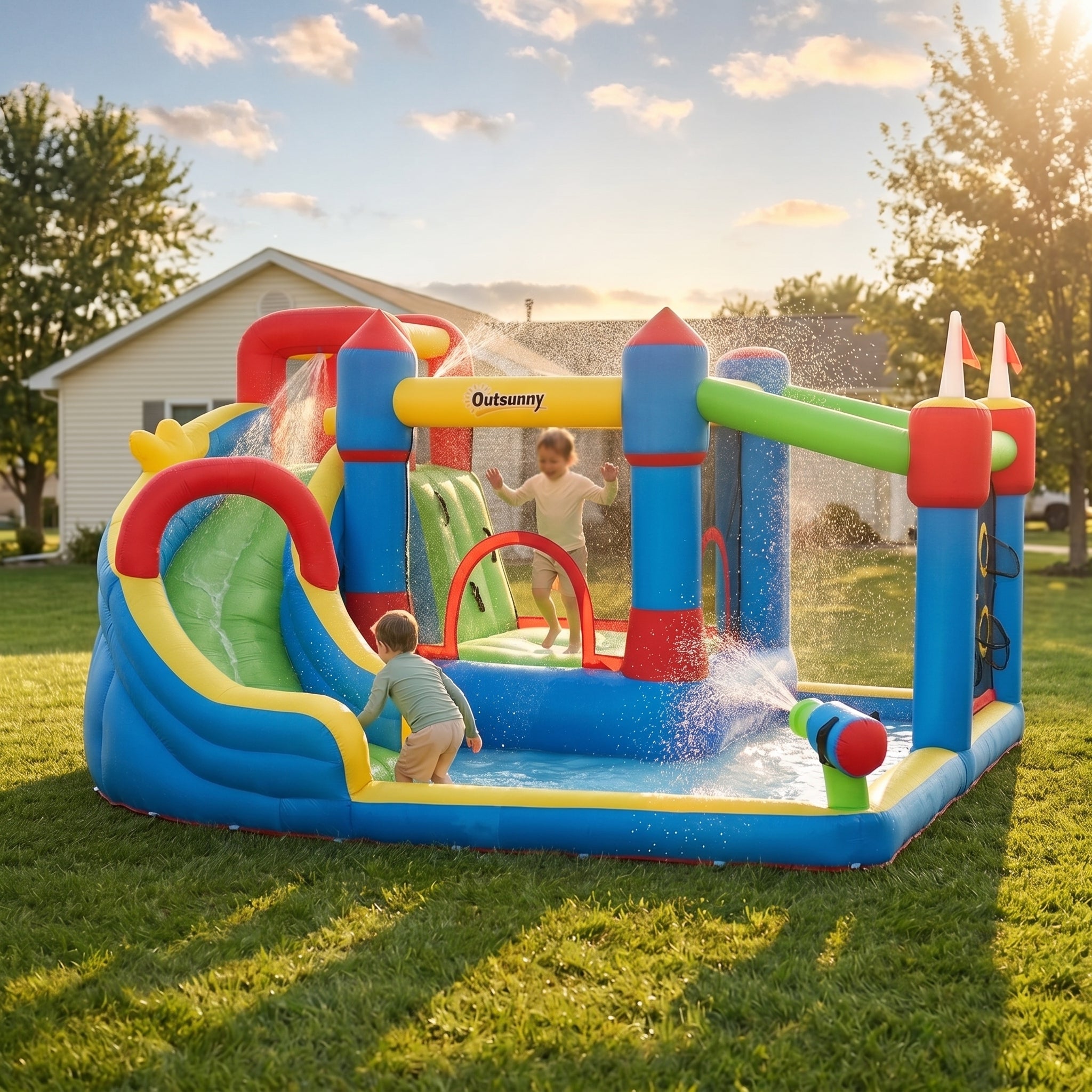 6-in-1 Inflatable Water Slide with Splash Pool, Slide, Climbing Wall, Water Cannon, Inflatable Bounce House for Kids with 2 Min. Inflation