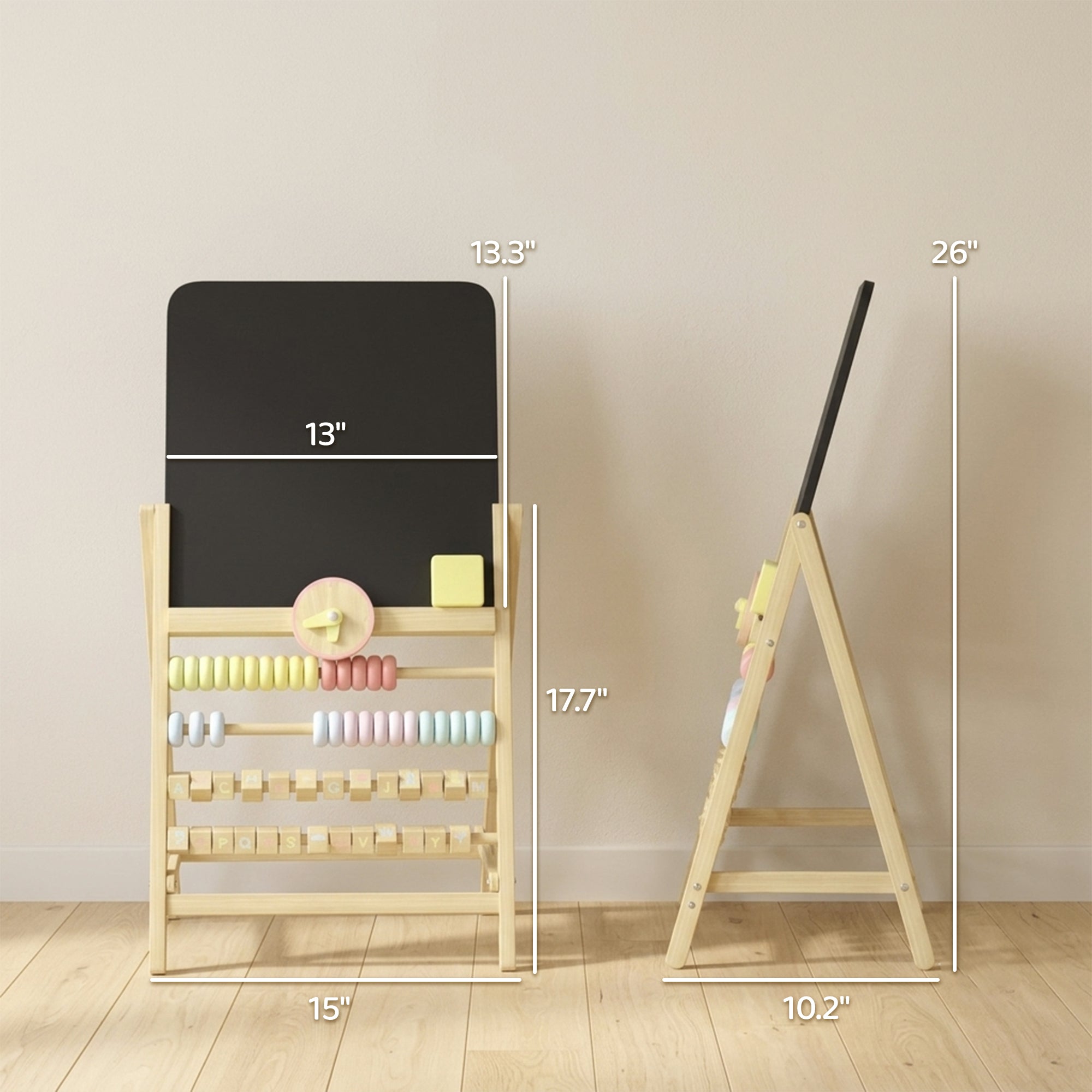 Wooden Kids Art Easel with Double-Sided Chalkboard, Clock, Abacus, Blackboard Eraser for Painting, for Ages 2+, Natural