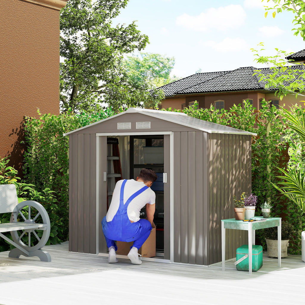 7' x 4' Outdoor Storage Shed, Garden Tool Metal Shed with Foundation Kit, Double Lockable Door, Air Vents and Sloping Roof, for Backyard, Patio, Lawn, Gray