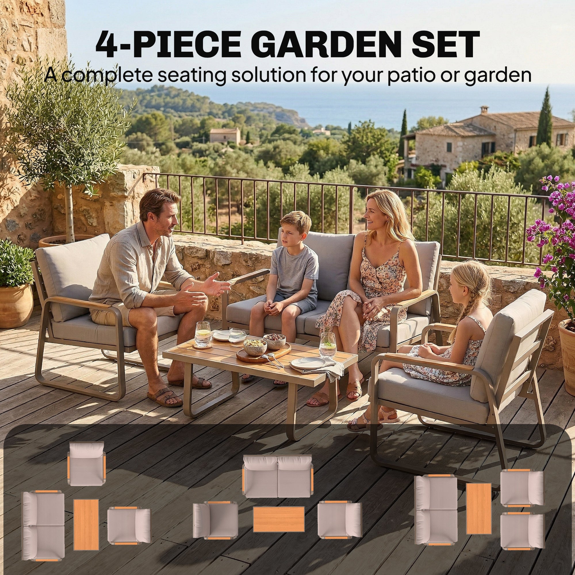 4 Piece Patio Furniture Set, Outdoor Sofa Set with Loveseat, 2 Armchairs, Coffee Table and Cushions