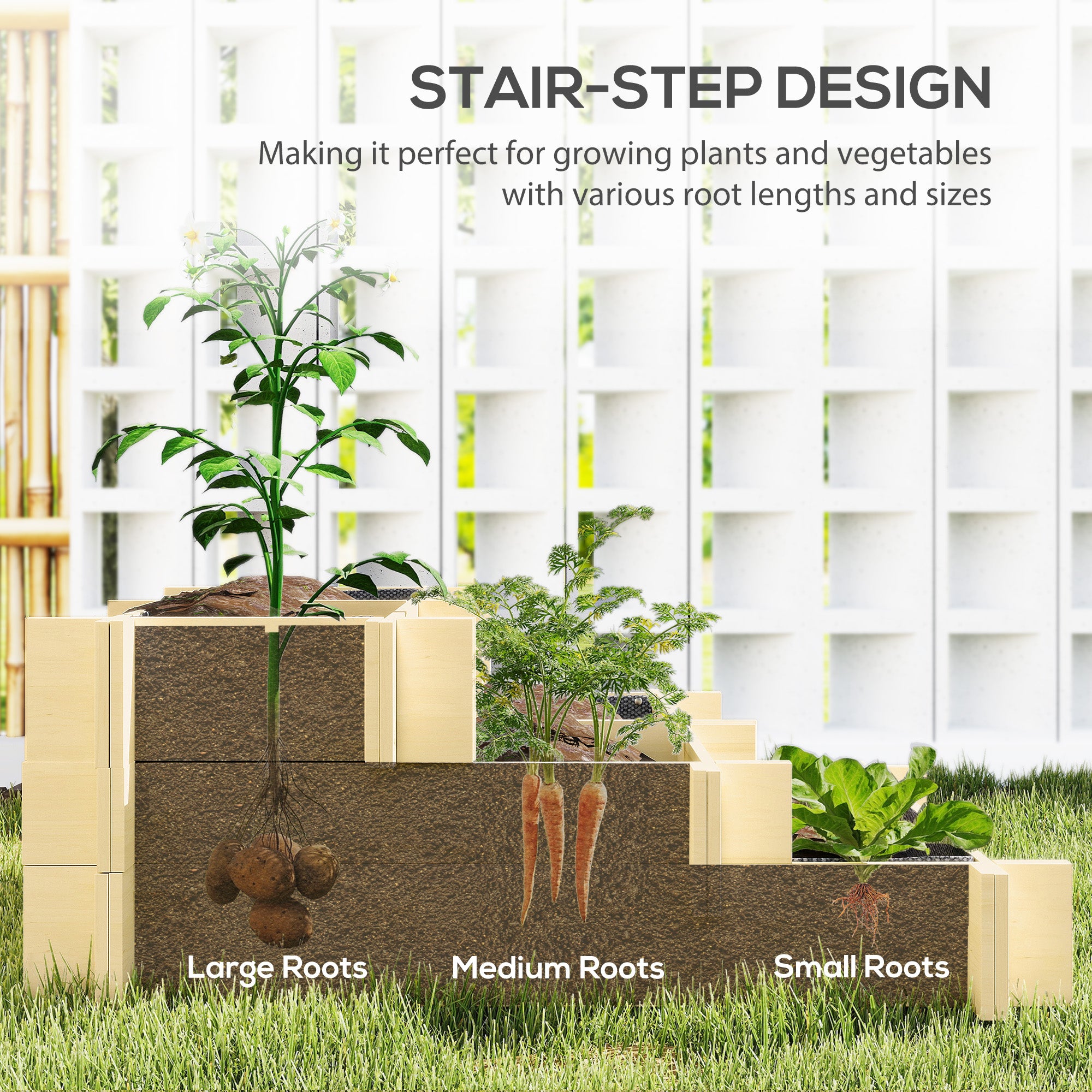 3 Tier Raised Garden Bed, Water Draining Fabric for Soil, Elevated Wood Flower Box for Vegetables, Herbs, Natural