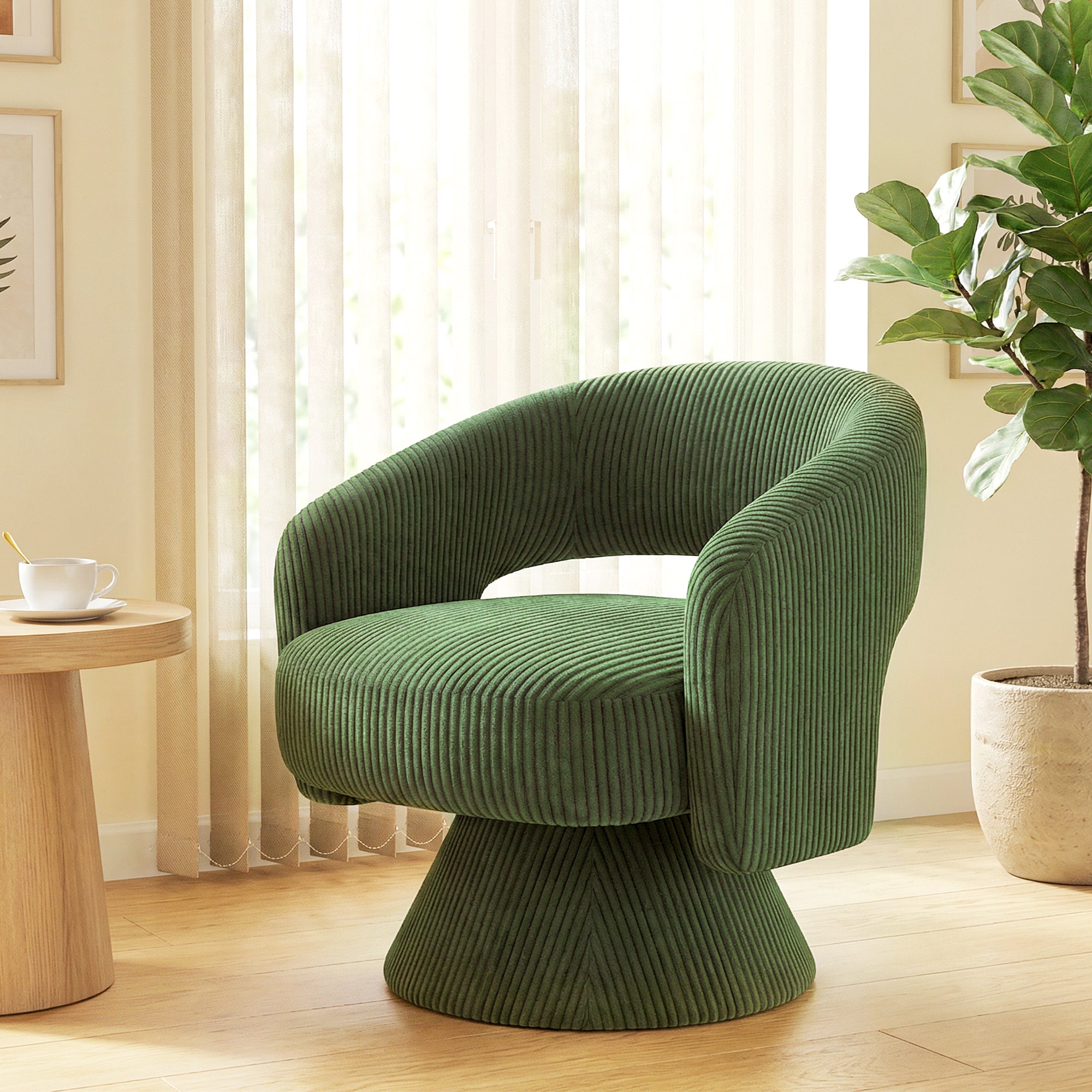 Swivel Barrel Accent Chair, Modern Upholstered Living Room Chair with Thick Padding for Reading, Green