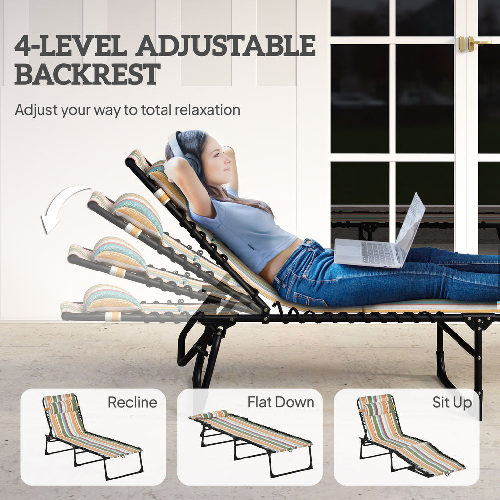 Folding Chaise Lounge Pool Chair with 4-Position Reclining Back, Pillow, Breathable Mesh & Bungee Seat, Rainbow Striped