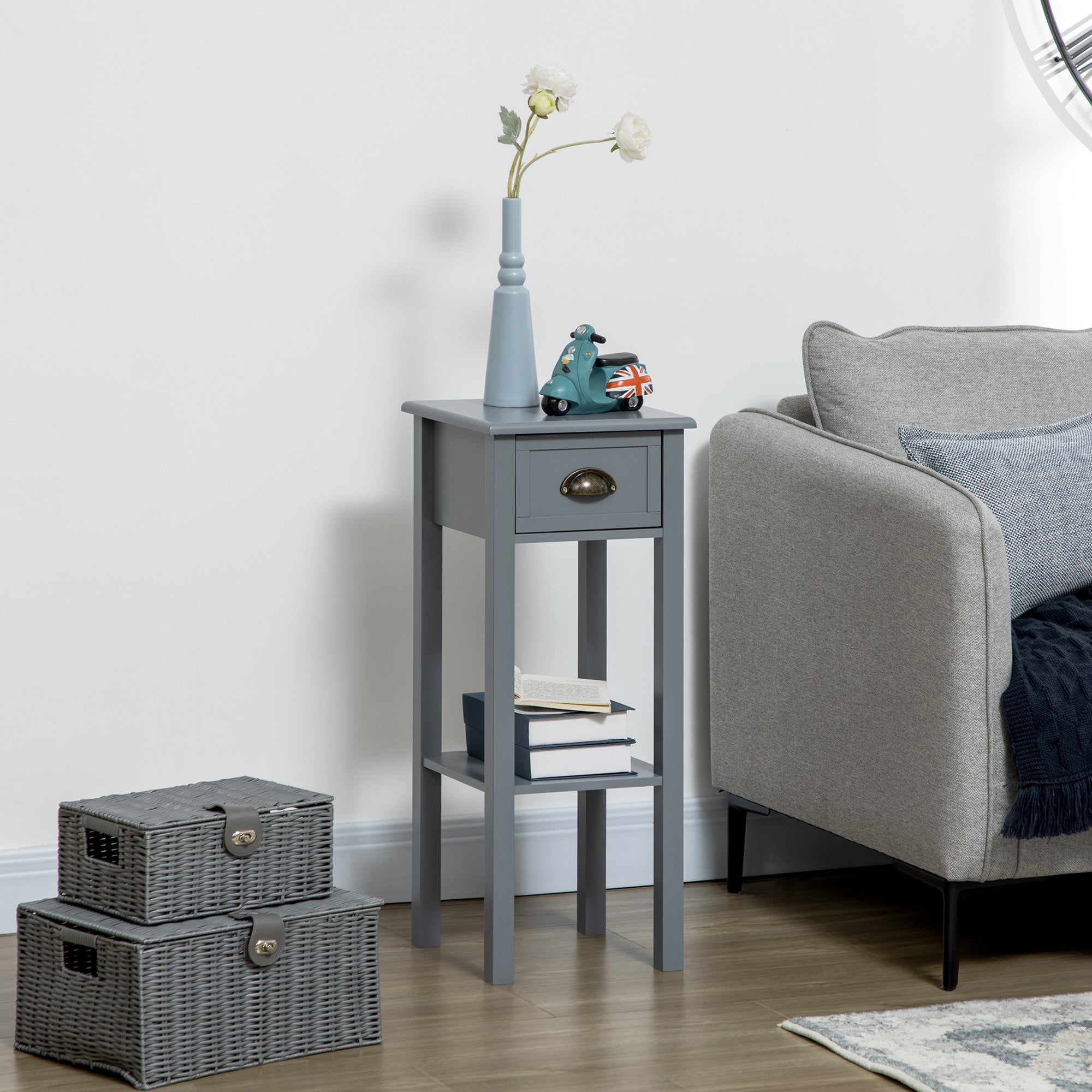 2-Tier Nightstand, Side Table with Drawer and Shelf for Living Room or Bedroom, Set of 2, Gray