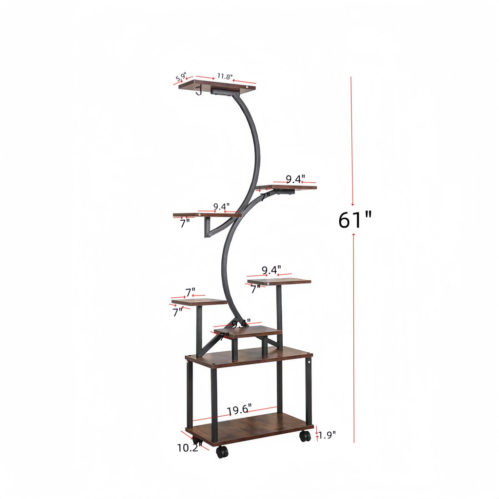 8-Tier Indoor Plant Stand with Grow Lights, Metal Plant Shelf, S-Shaped Design for Home and Patio, 19.5" L x 10" W x 61" H, Black+Dark Walnut