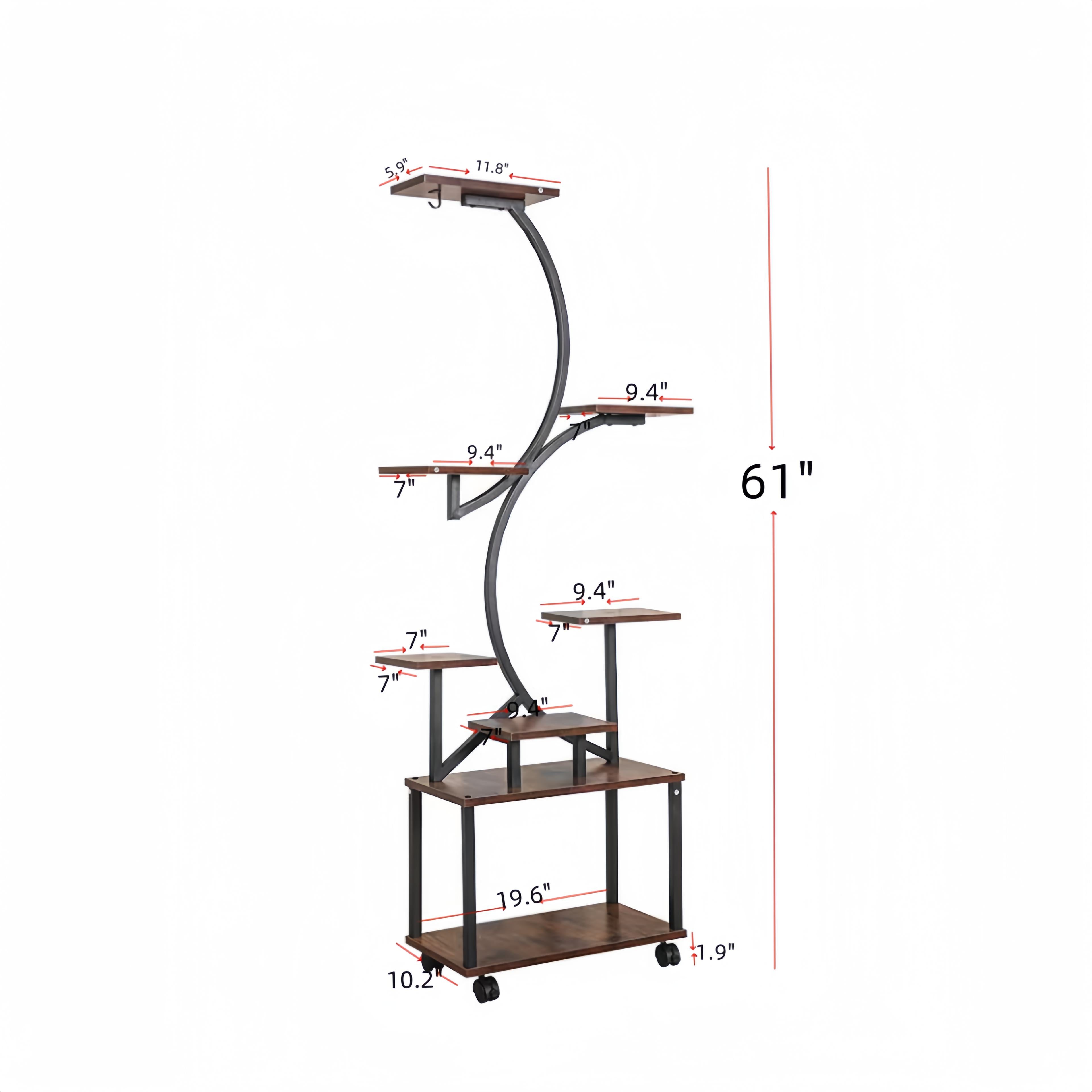 8-Tier Indoor Plant Stand with Grow Lights, Metal Plant Shelf, S-Shaped Design for Home and Patio, 19.5" L x 10" W x 61" H, Black+Dark Walnut