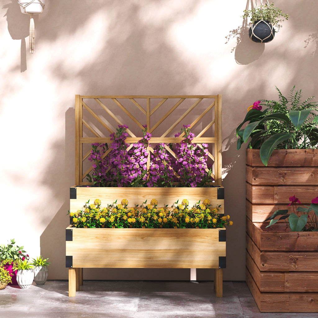 2 Tier Trellis Planter, Wooden Raised Garden Bed, Natural