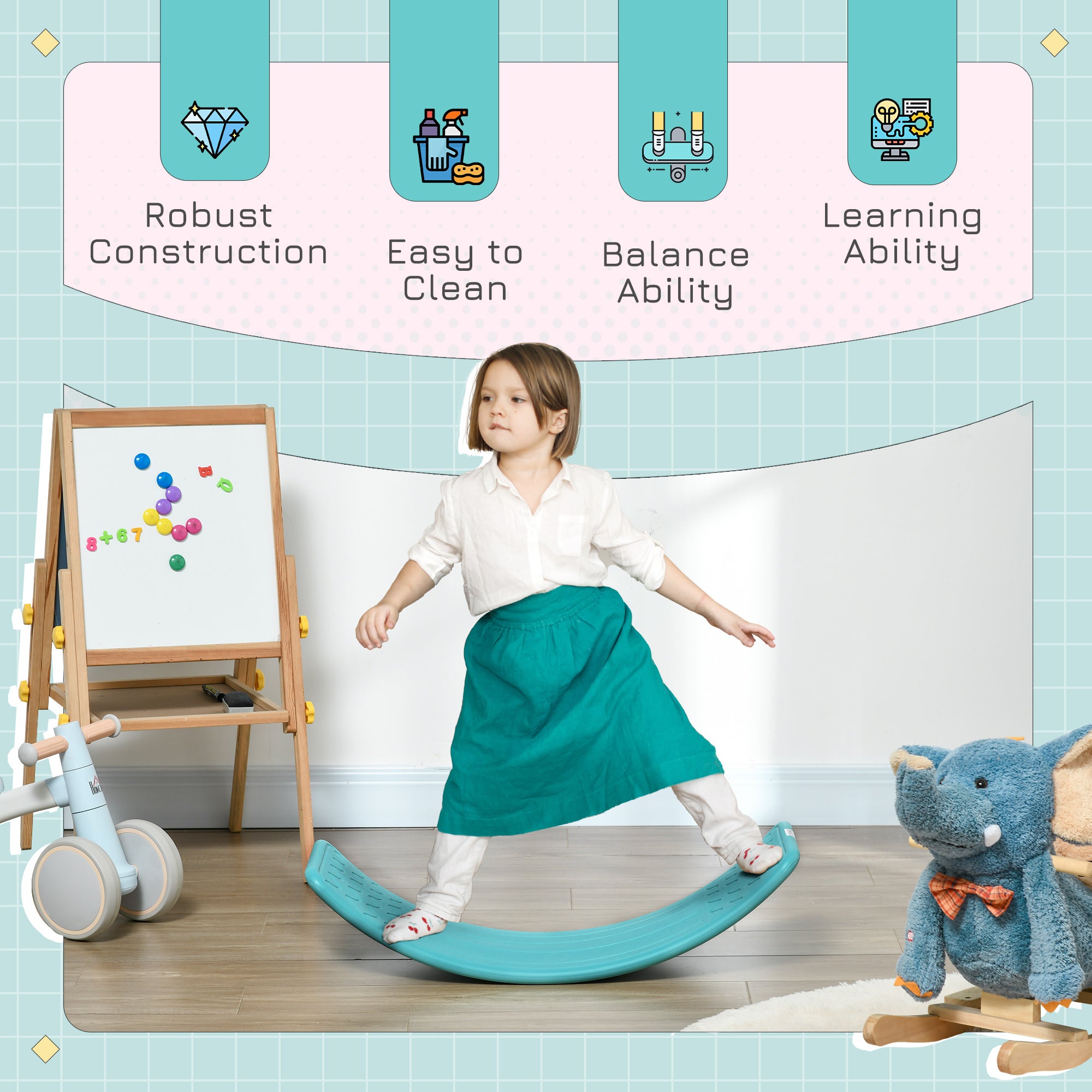 32.3" Balance Board, Wobble Board for Kids & Toddlers, Montessori Waldorf Toy for Ages 3-6 Years Old, Blue