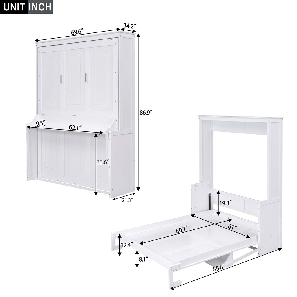 Space-Saving Design Queen Size Murphy Bed with Shelf, Solid Wood and MDF, 86" L x 69.5" W x 87" H, White