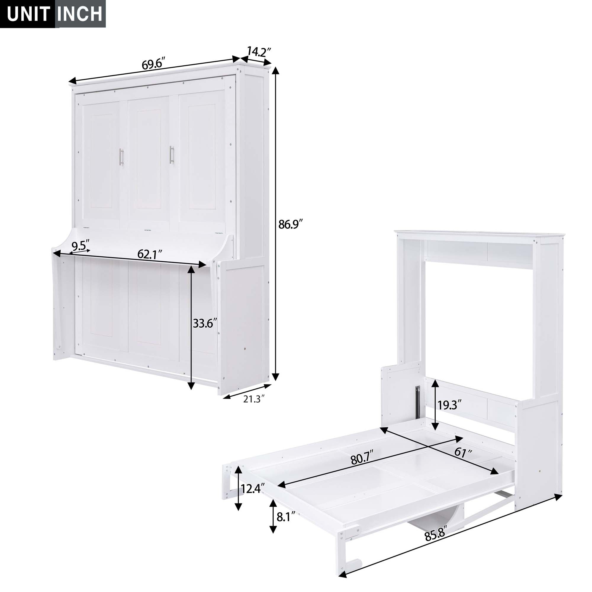 Space-Saving Design Queen Size Murphy Bed with Shelf, Solid Wood and MDF, 86" L x 69.5" W x 87" H, White