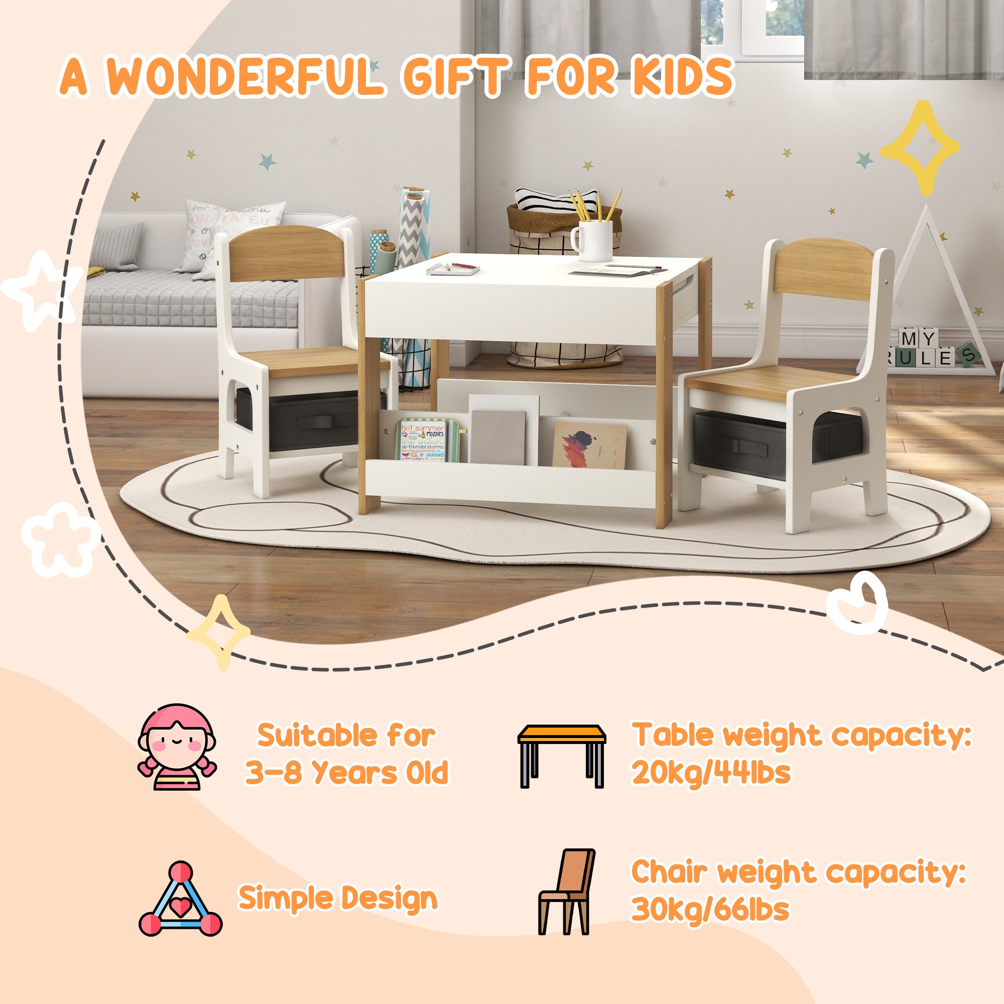 3pc Kids Table and Chair Set with Reversible Tabletop Blackboard, Storage & Bookshelves, Natural