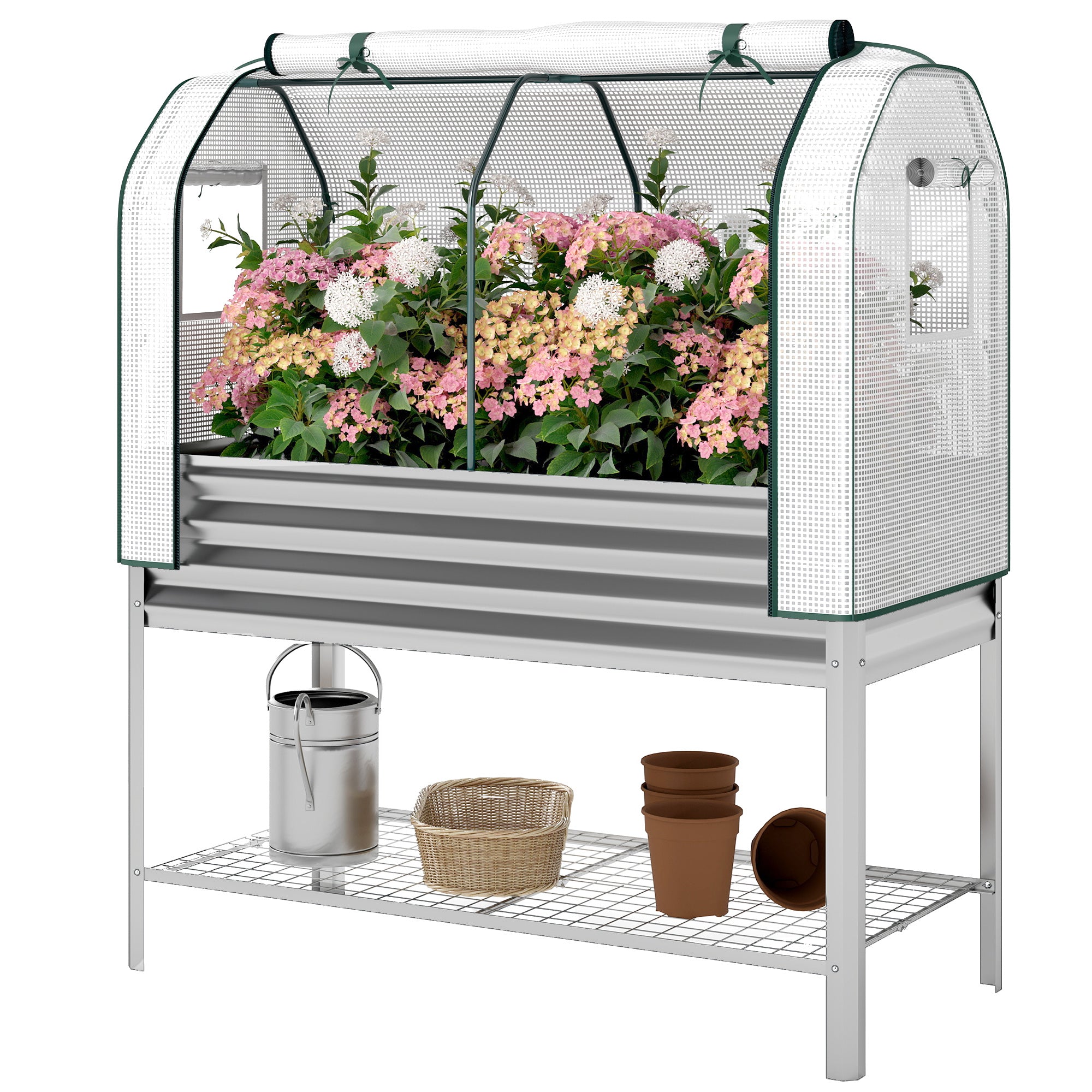 Galvanised Raised Garden Bed with Greenhouse Cover, Metal Elevated Garden Bed with Bed Liner, Bottom Shelf, Silver