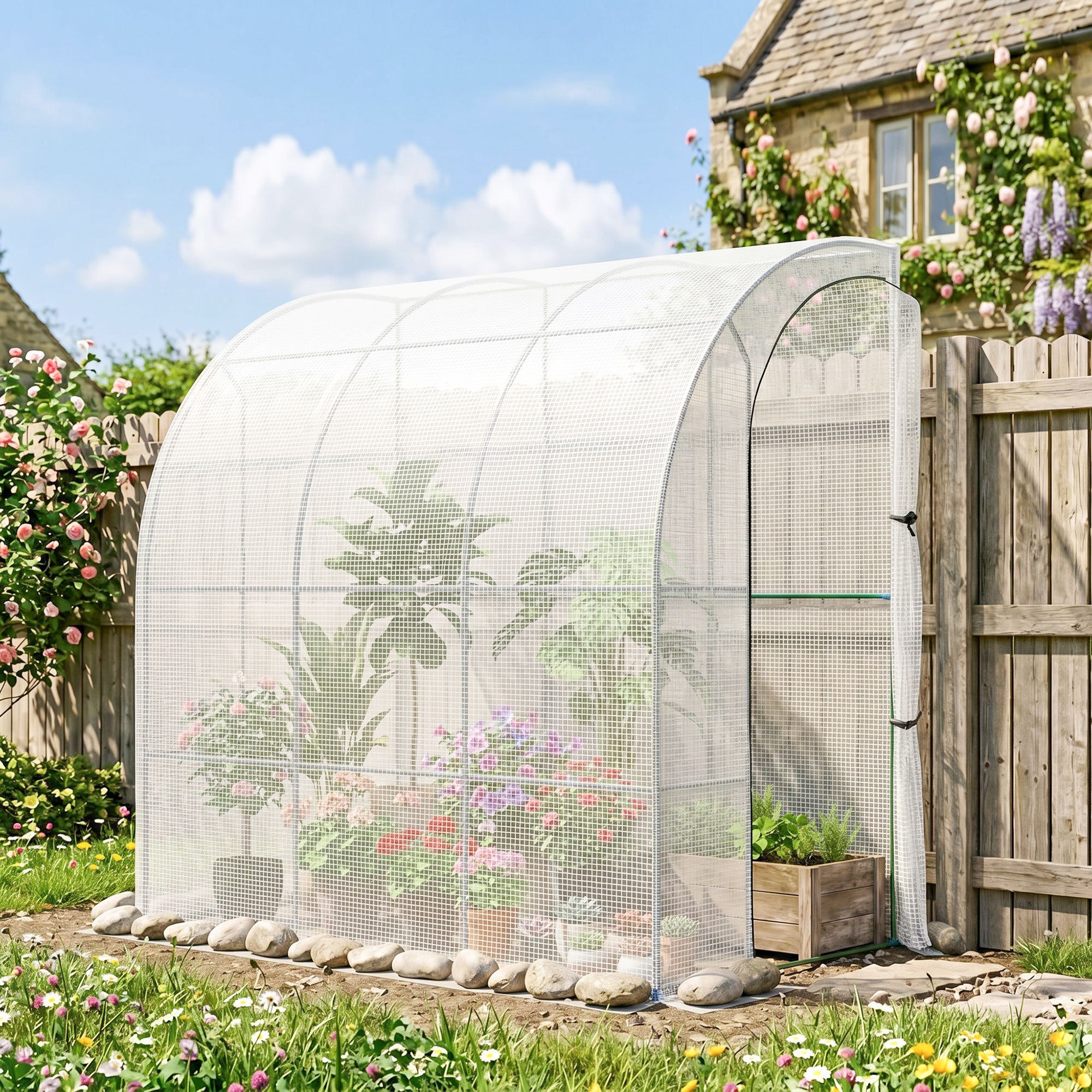 7' x 4' x 7' Outdoor Lean to Greenhouse, Walk-In Green House Plant Nursery with Roll-up Window, PE Cover, White