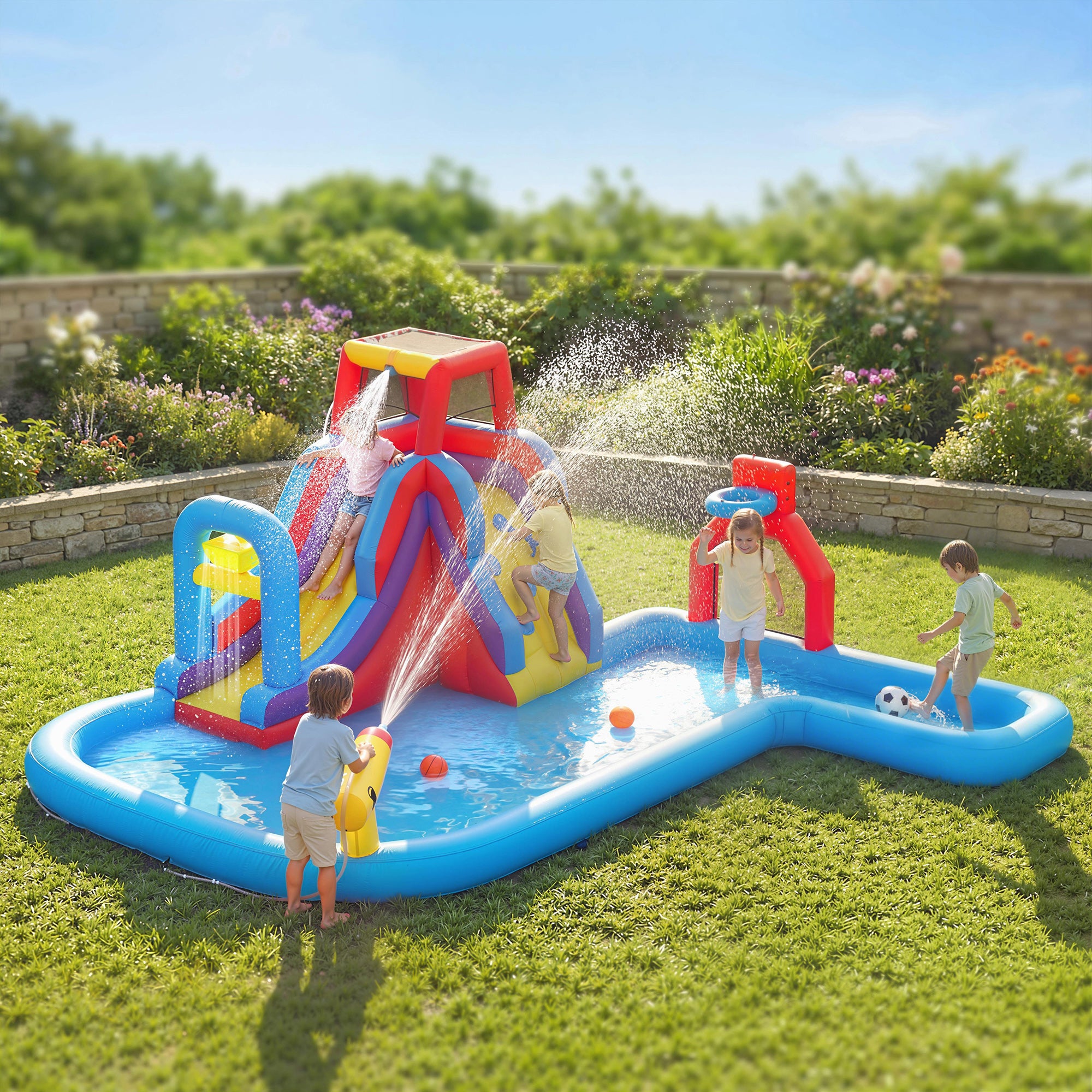 Inflatable Water Slide 6 in 1 with 480W Blower, Bounce House with Climbing Wall, Splashing Pool, Basketball Hoop