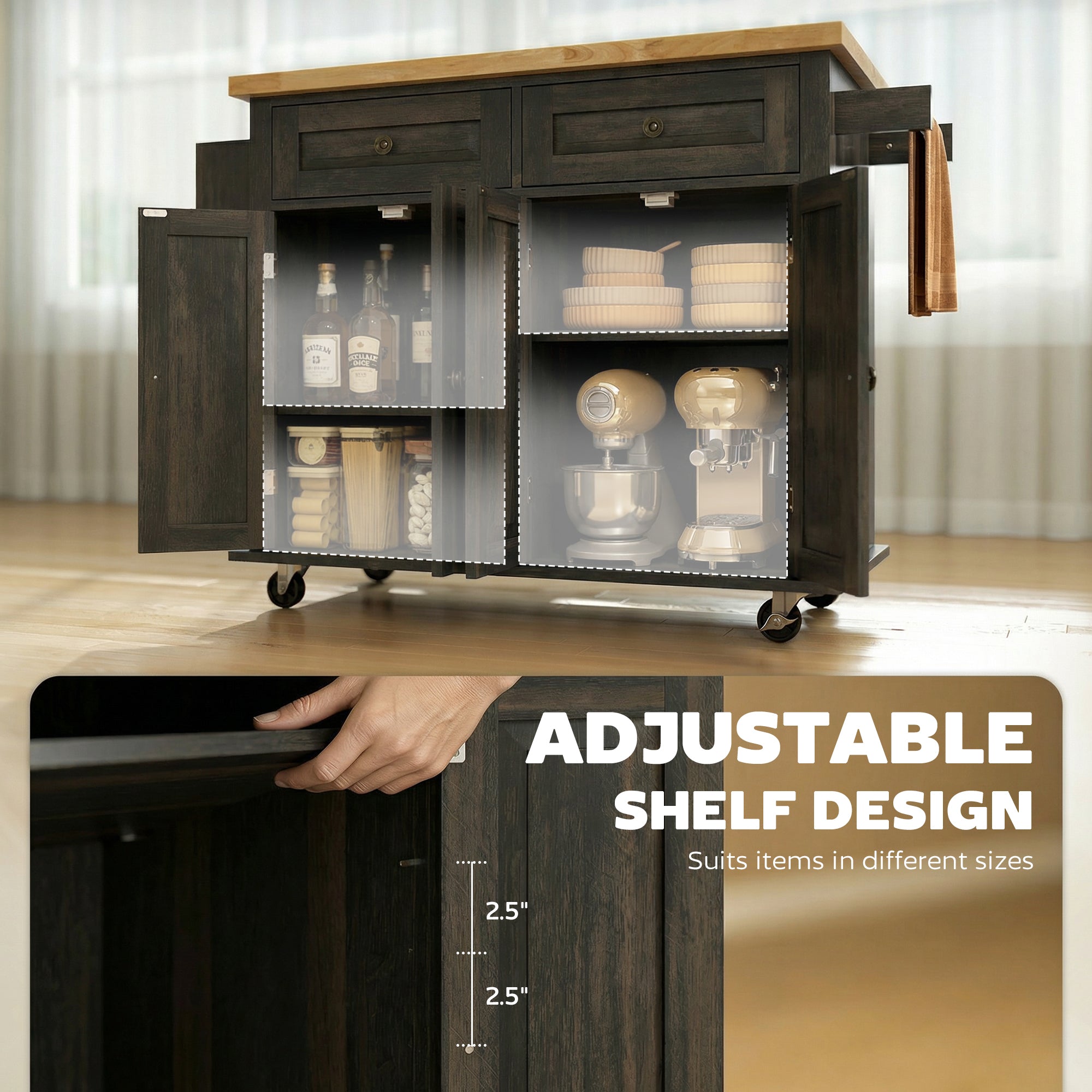 44" Mobile Kitchen Island Table, Kitchen Island Cart on Wheels with Storage Cabinets, 2 Drawers, Brown