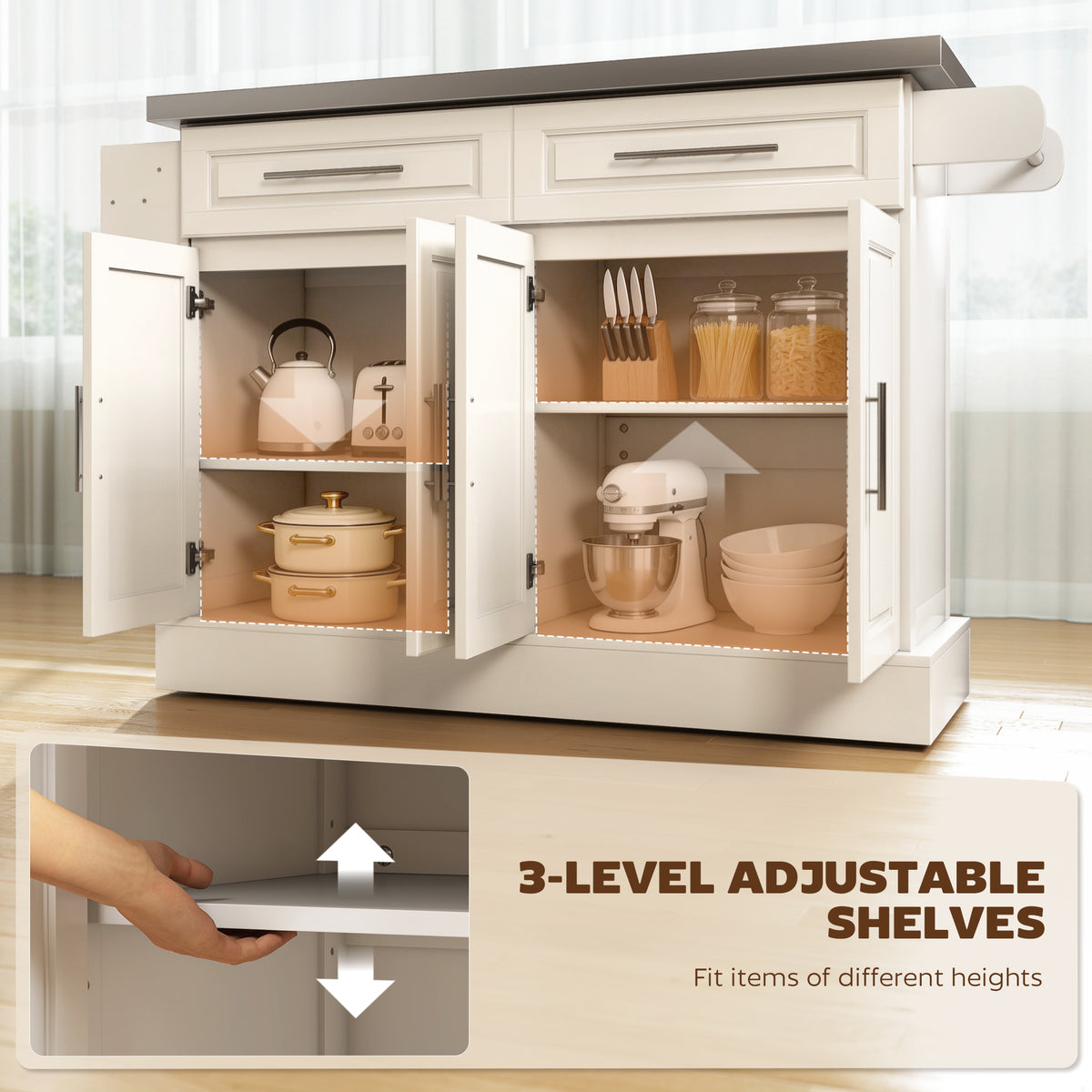 Rolling Kitchen Island with Stainless Steel Top, 2 Drawers, Spice, Knife and Towel Rack and Cabinets, Cream White