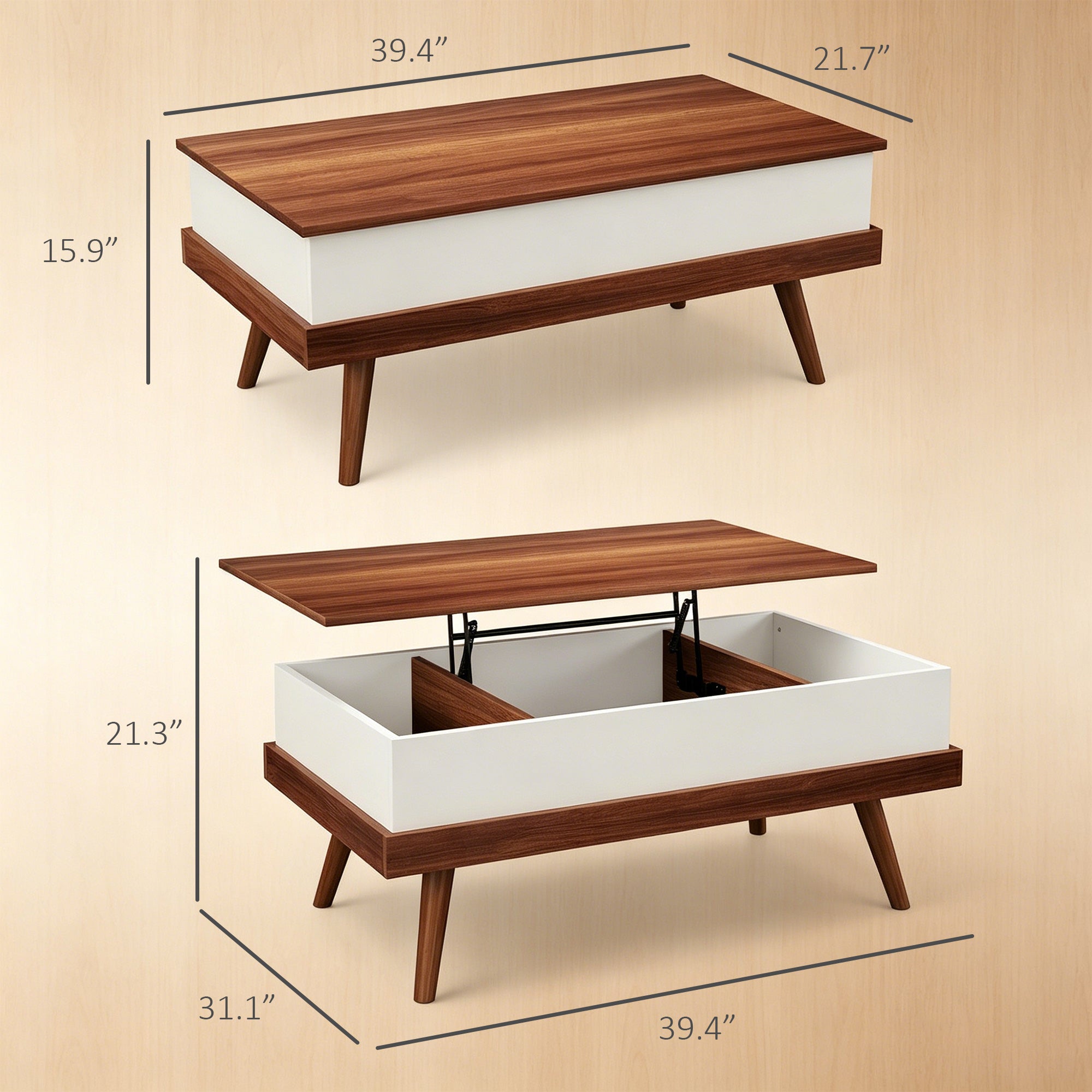 Lift Top Coffee Table with Hidden Compartments and Wood Legs, Walnut