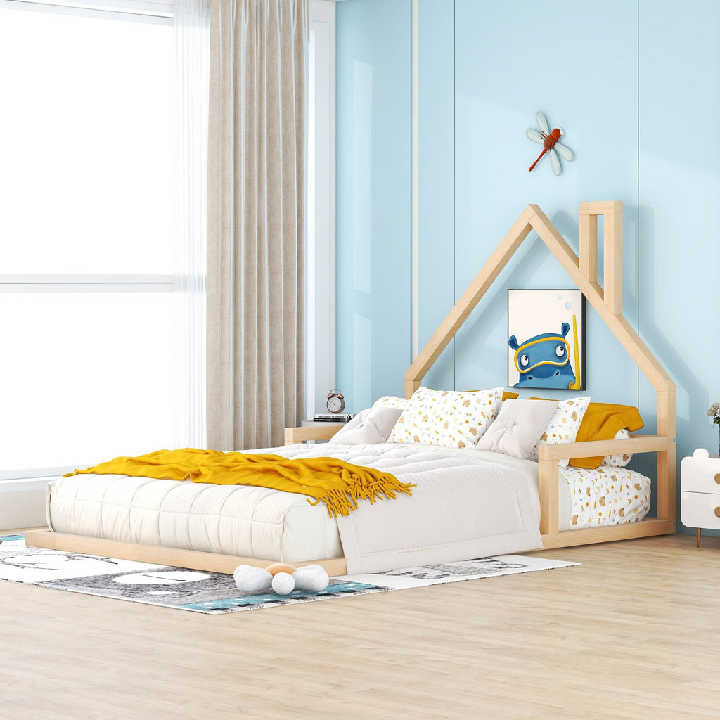 Full Size Wood Floor Bed with House-Shaped Headboard, Sturdy Pine Wood Construction, Easy Assembly, 78" L x 56.5" W x 46.5" H, Natural