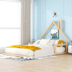 Full Size Wood Floor Bed with House-Shaped Headboard, Sturdy Pine Wood Construction, Easy Assembly, 78" L x 56.5" W x 46.5" H, Natural