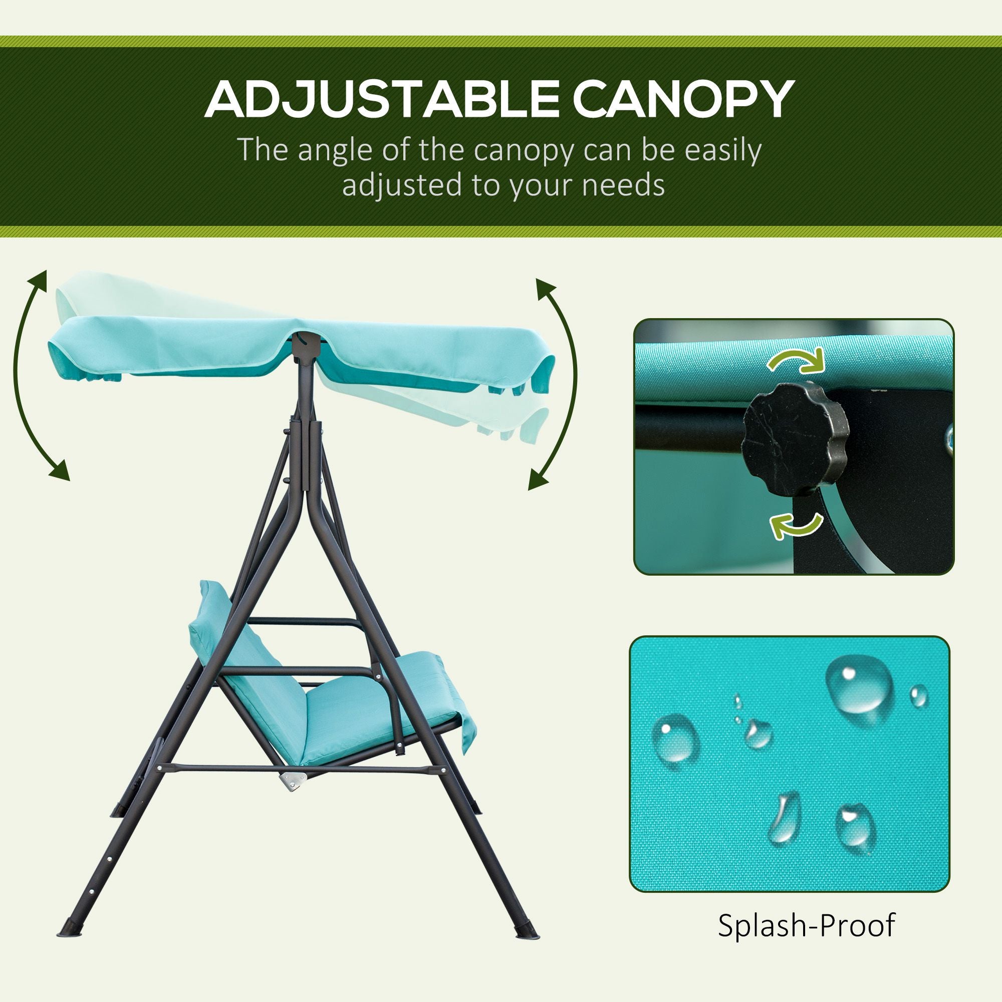 3-Seat Outdoor Patio Swing Chair with Removable Cushion, Steel Frame Stand and Adjustable Tilt Canopy for Patio, Garden, Poolside, Balcony, Backyard, Green