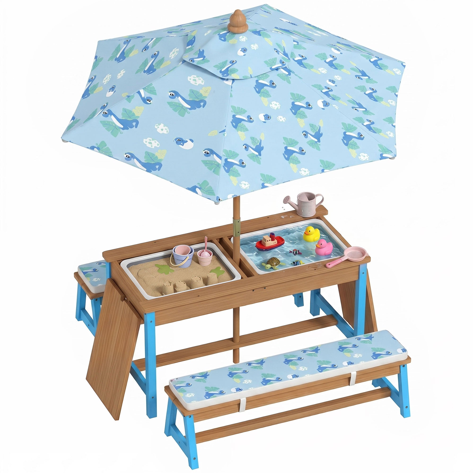 Kids Picnic Table Set with Foldable Umbrella, Removable Cushions & Boxes, Dinosaur Theme, Blue