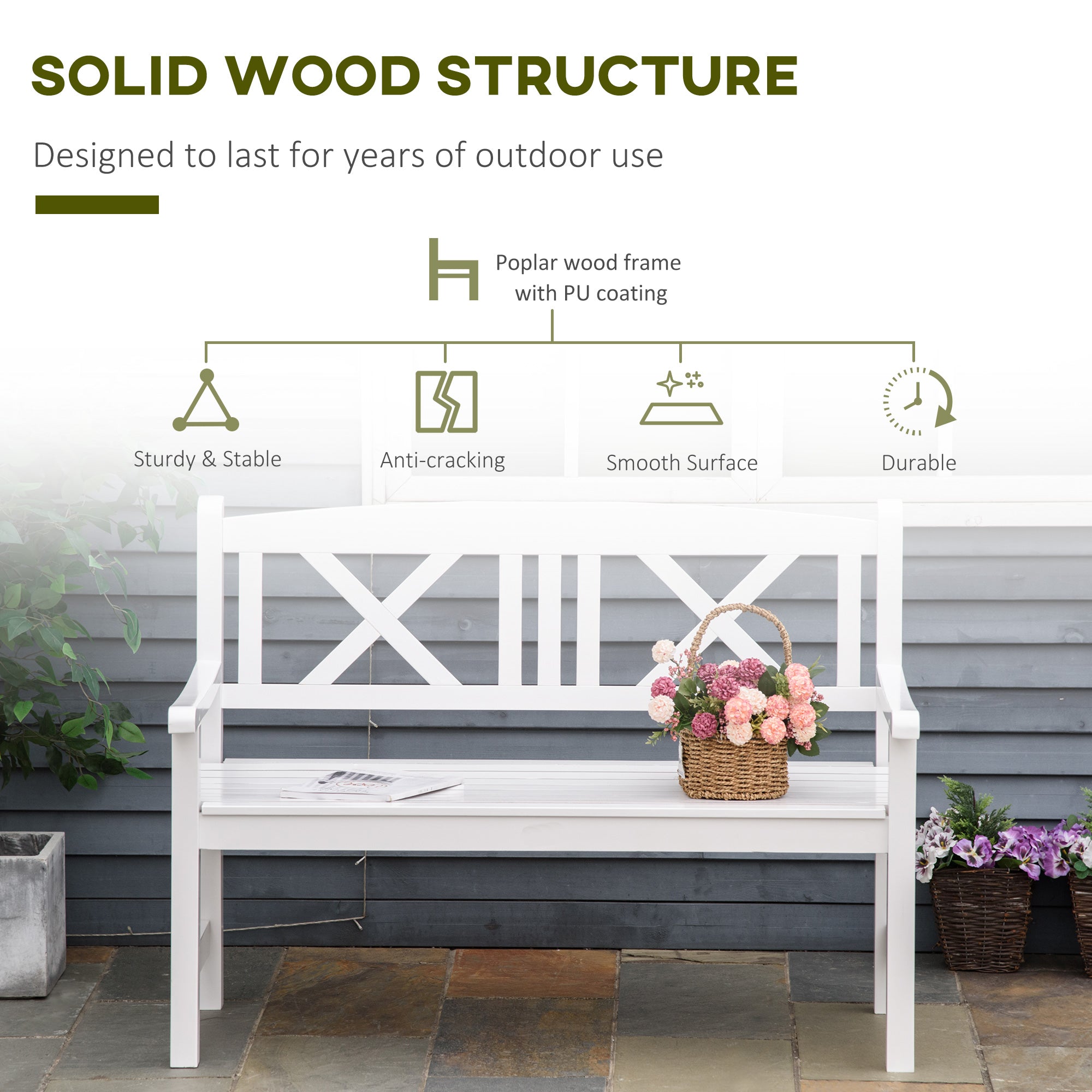 2-Seater Wooden Garden Bench, 4FT Outdoor Patio Loveseat with Unique X-Shape Back for Yard, Lawn, Porch, White