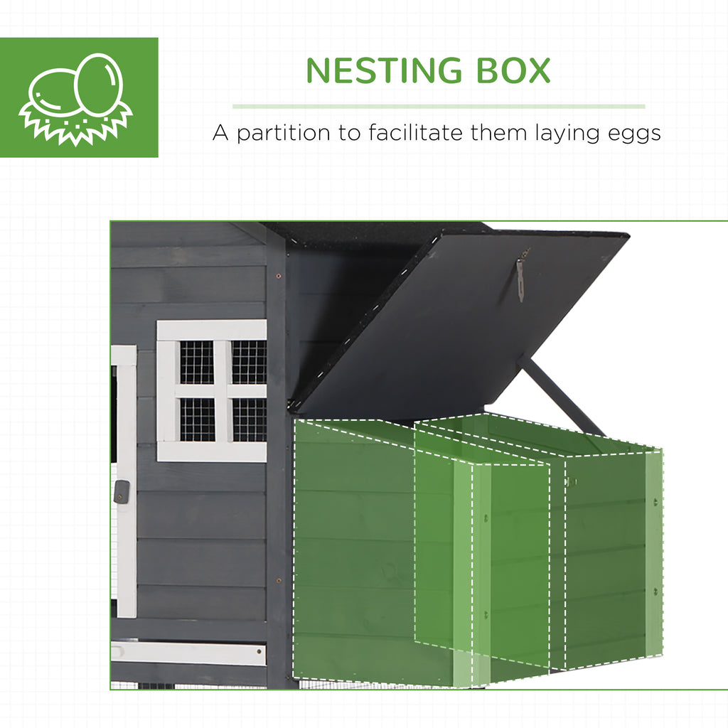 84" Wooden Chicken Coop, Hen House Outdoor with Run Nesting Box, Asphalt Roof, Removable Tray, Ramp, Poultry Cage for 2-3 Chickens, Gray