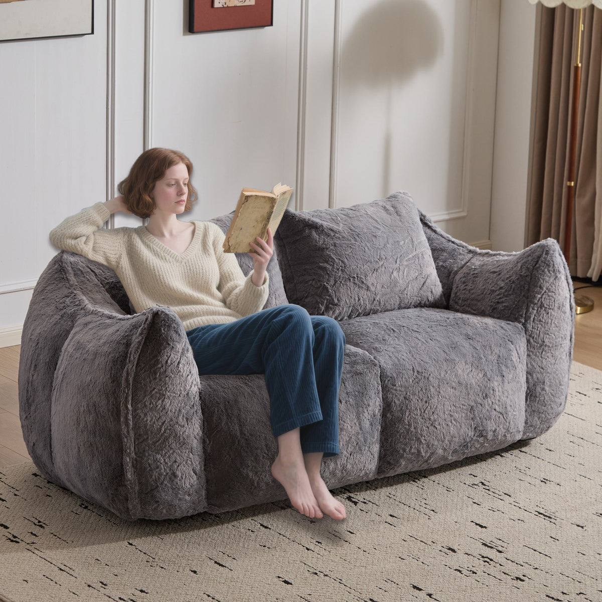 Bean Bag Sofa with High-Density Foam and Faux Fur Fabric, Compressed Sofa Oversized Fluffy Loveseat for Adults, 75" L x 42.5" W x 28.5" H, Grey