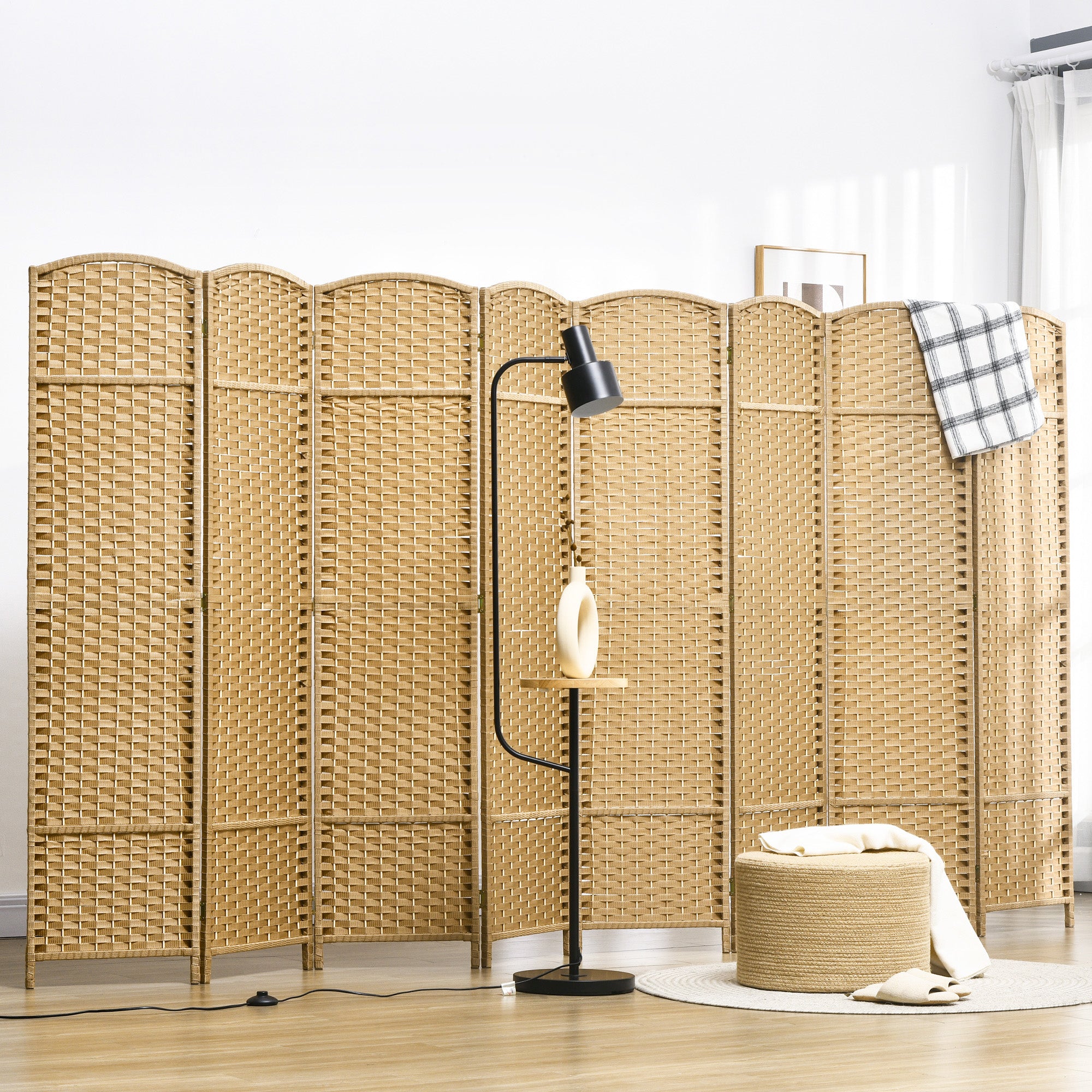 Folding Room Divider Screen 8 Panel 5.6 ' Tall Privacy Screen Freestanding Room Partition for Home Office, Nature Wood