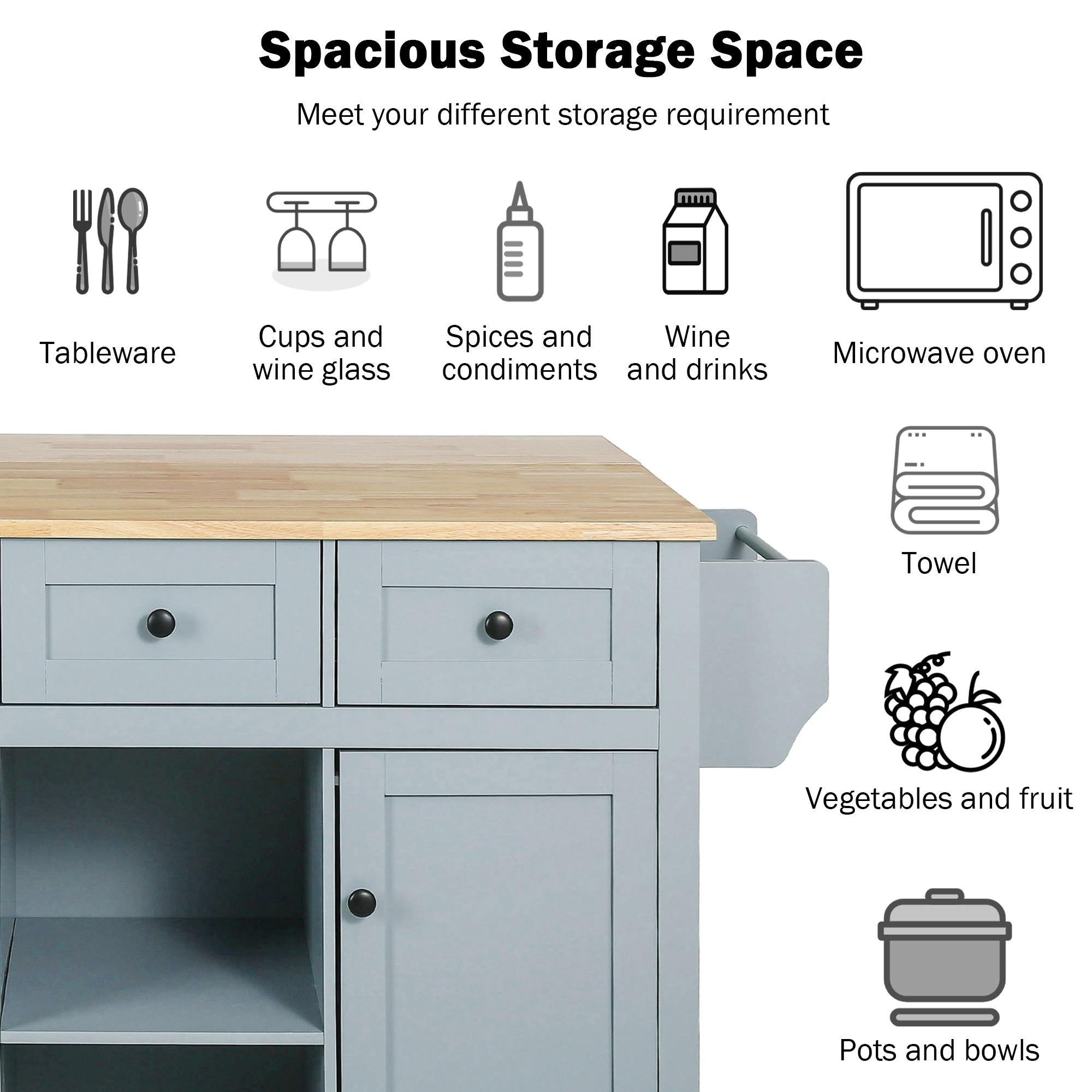 Kitchen Cart with Wood Drop-Leaf Countertop, Internal Storage Racks, Utility Island with Cabinets and Drawers, 53" L x 29.5" W x 37" H, Blue