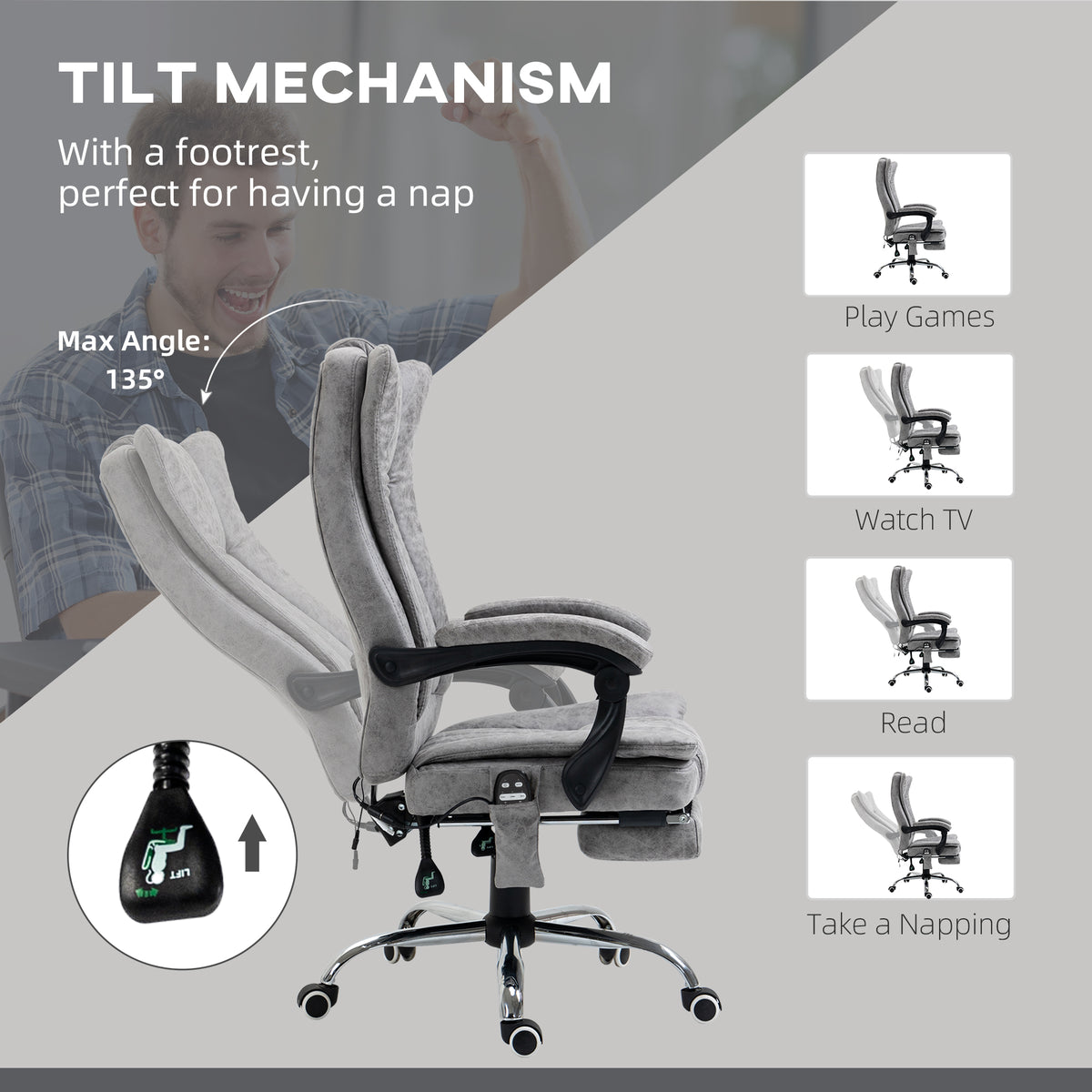 Massage Office Chair with 6 Points and Heat, Reclining Computer Chair with Adjustable Height and Footrest, Gray