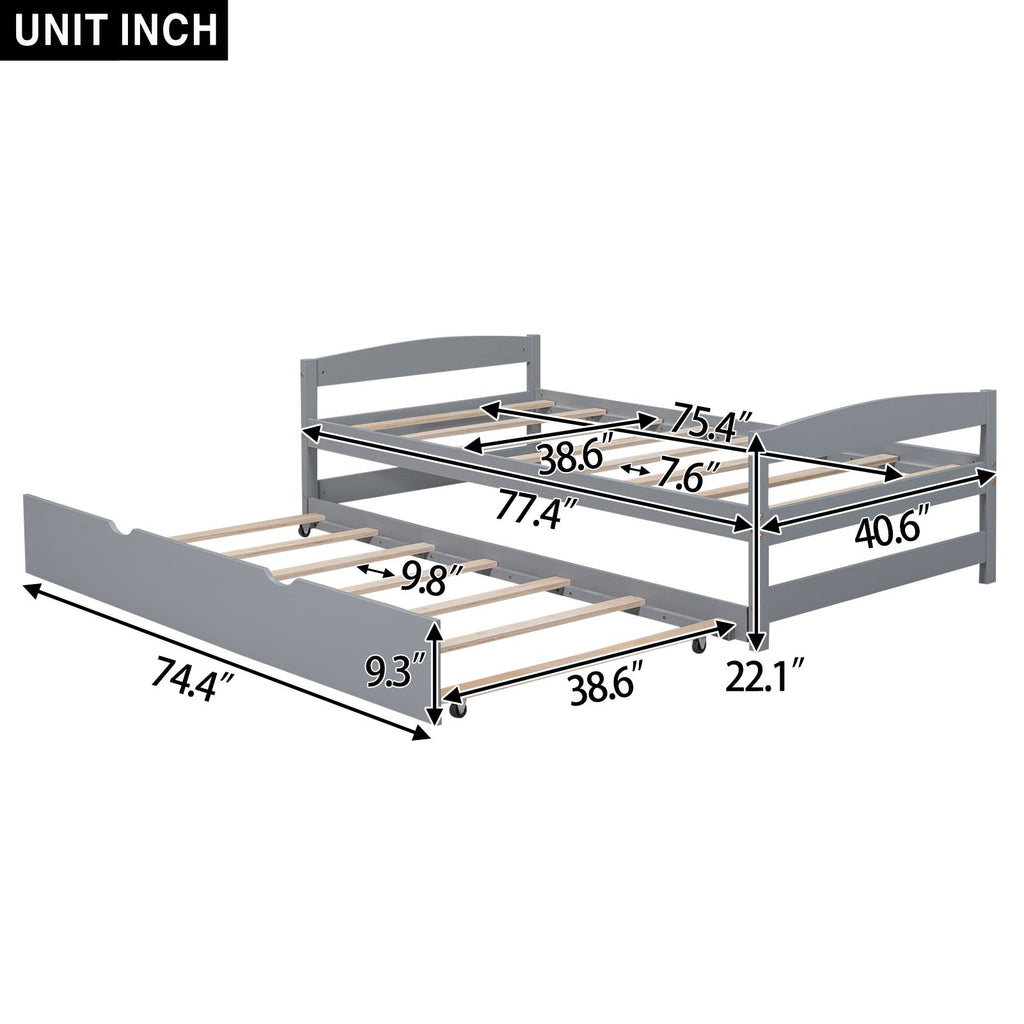 Twin Size Platform Bed with Twin Size Trundle, Headboard and Footboard, Sturdy Pine Wood Construction, 77.5" L x 40.5" W x 22" H, Gray