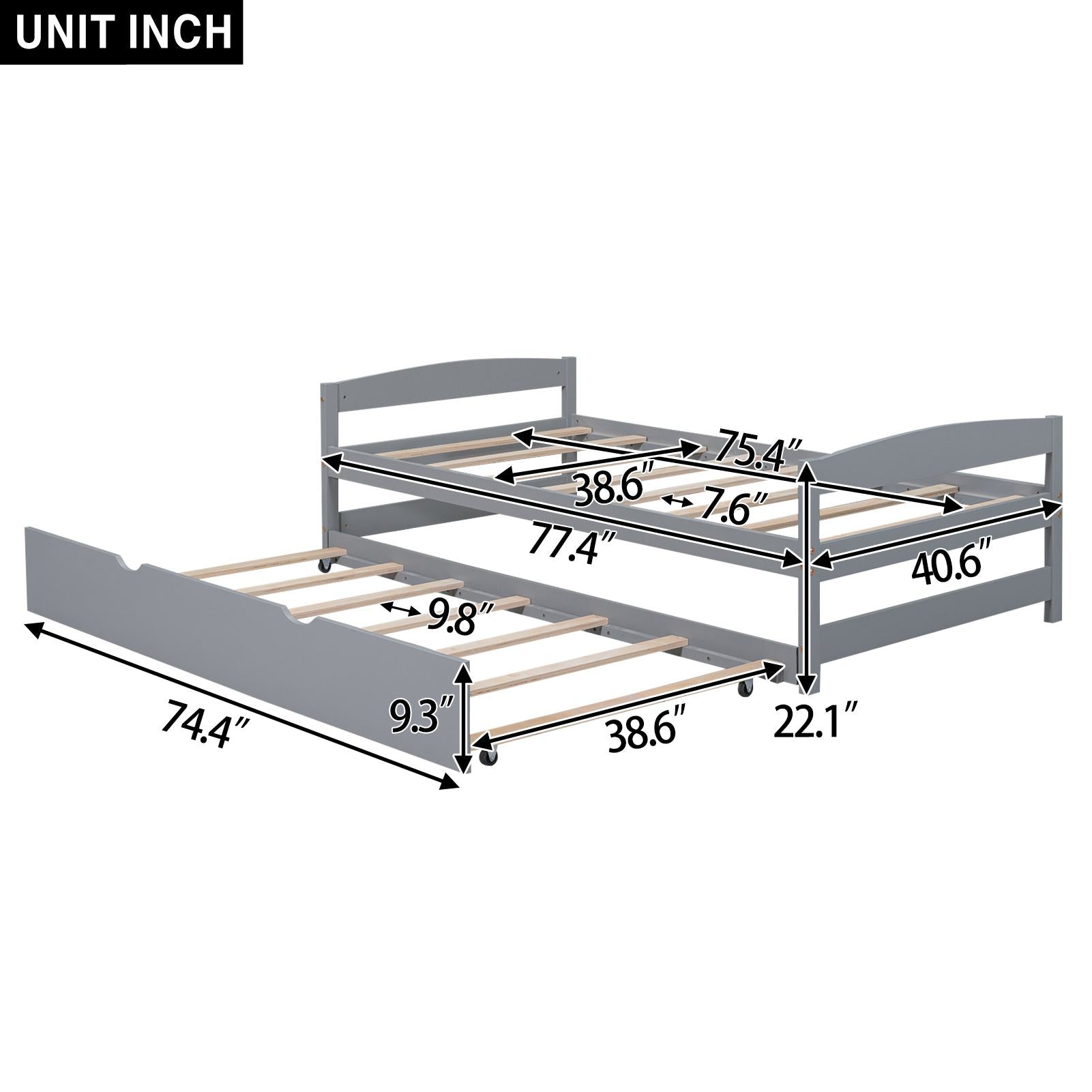Twin Size Platform Bed with Twin Size Trundle, Headboard and Footboard, Sturdy Pine Wood Construction, 77.5" L x 40.5" W x 22" H, Gray